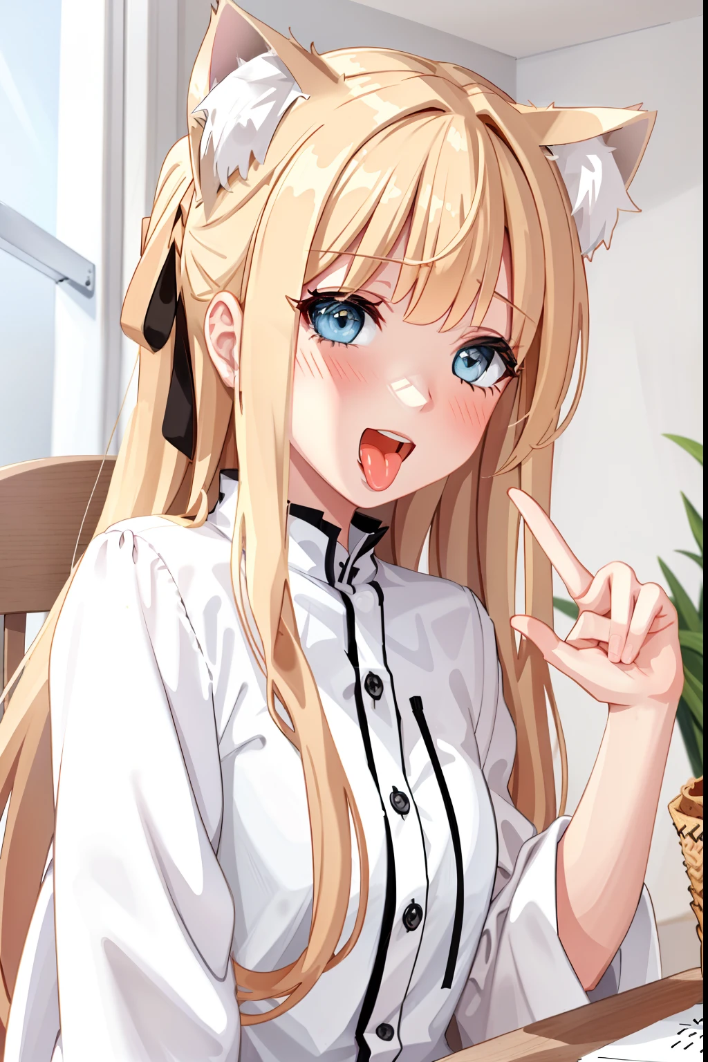 Masterpiece，Best quality，1girll，Face focus, cat ear ,Long blonde hair, White clothes, Open mouth, Blush, Tongue stock, Tongue out, saliva, Rolling eyes