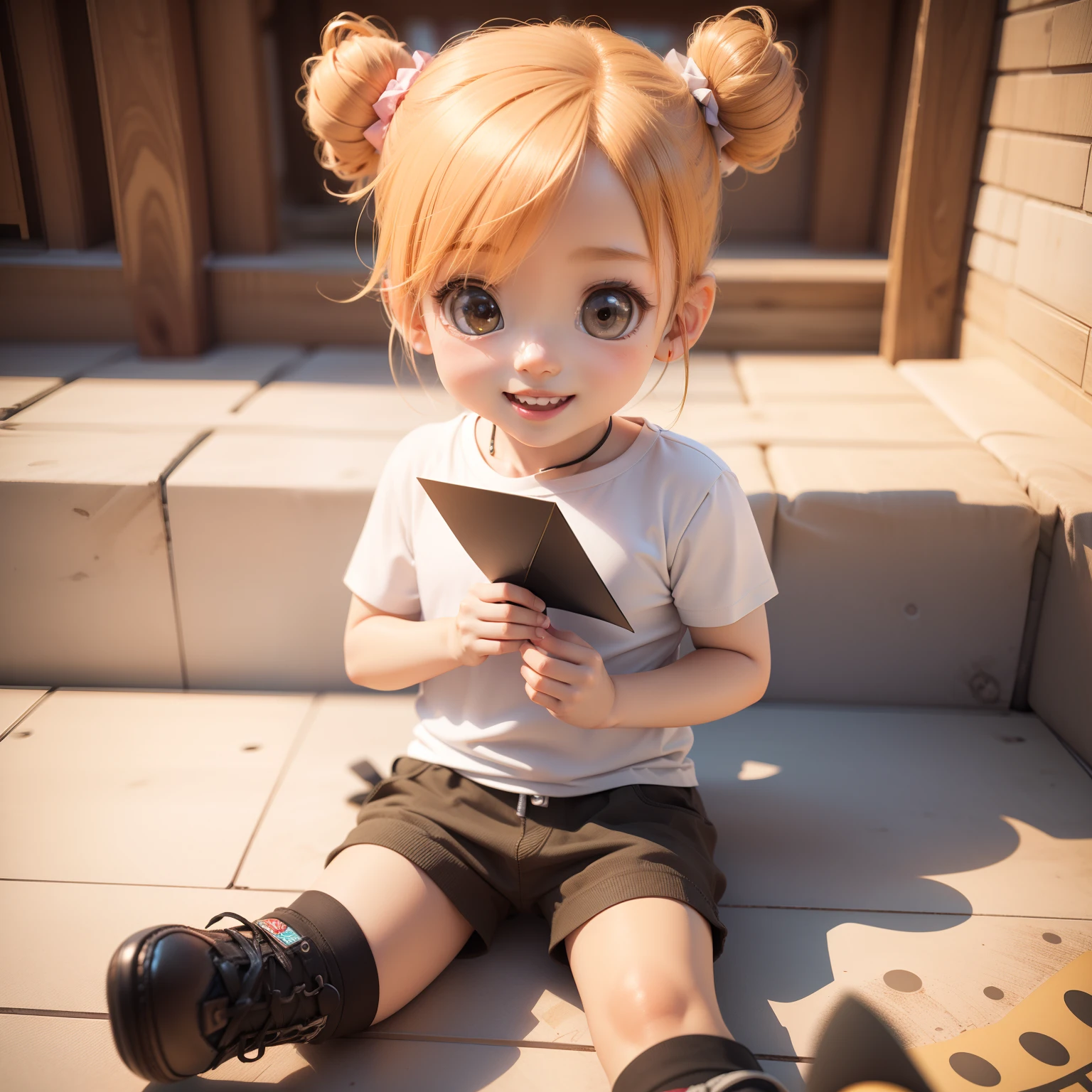 Cute Baby Chibi Anime,(((Chibi 3D))) (Best Quality) (Master Price)、Chibi Pilot、Sitting on a paper airplane、specimen、、Open your mouth and smile、A detailed face、manhattan