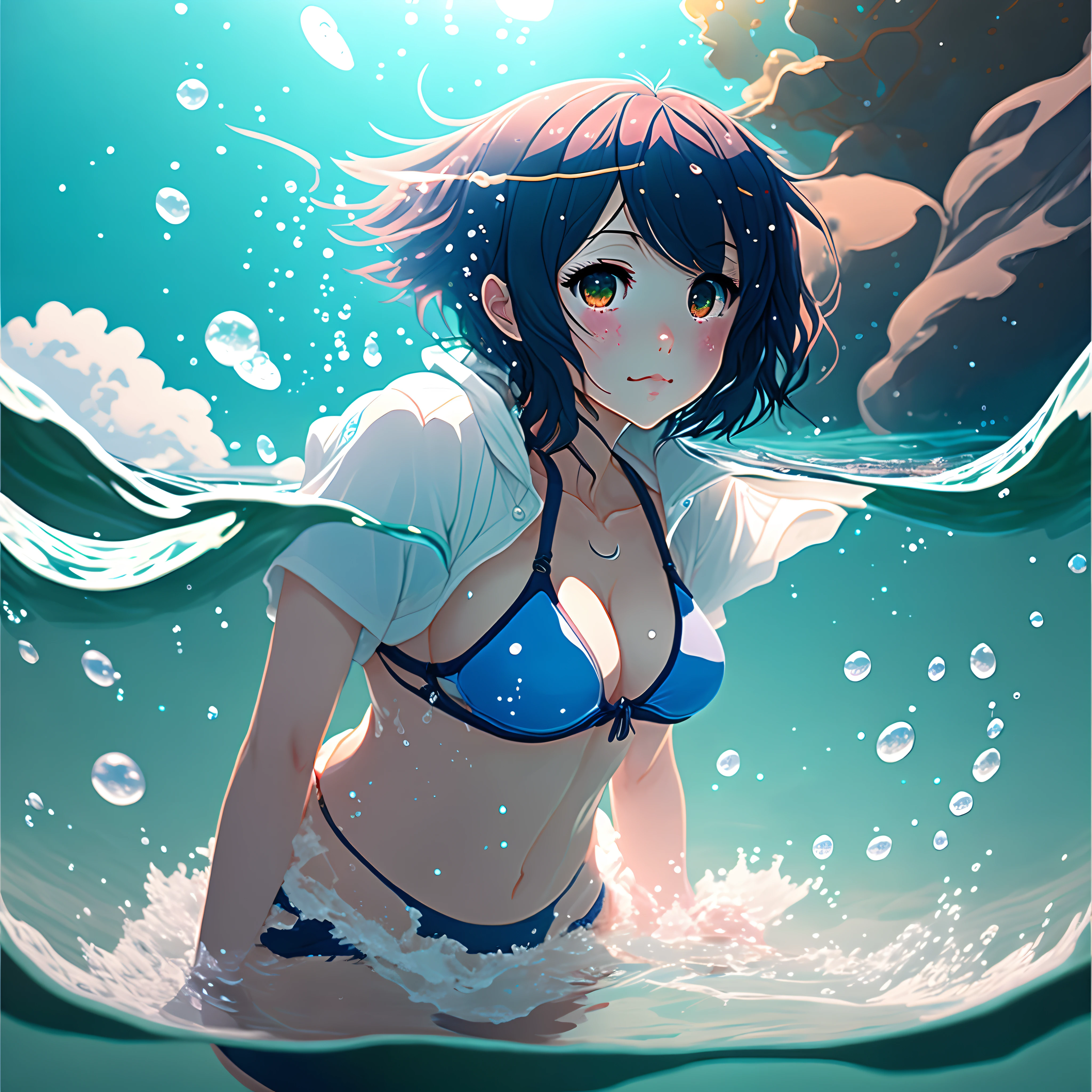 Anime girl in underwater bikini with her back to camera, In the water, in water, at sea, makoto shinkai art style, Makoto Shinkai and ArtGerm, [ 4 k digital art ]!!, in water up to her shoulders, Wallpaper Anime Blue Water, In the sea, nymph in the water