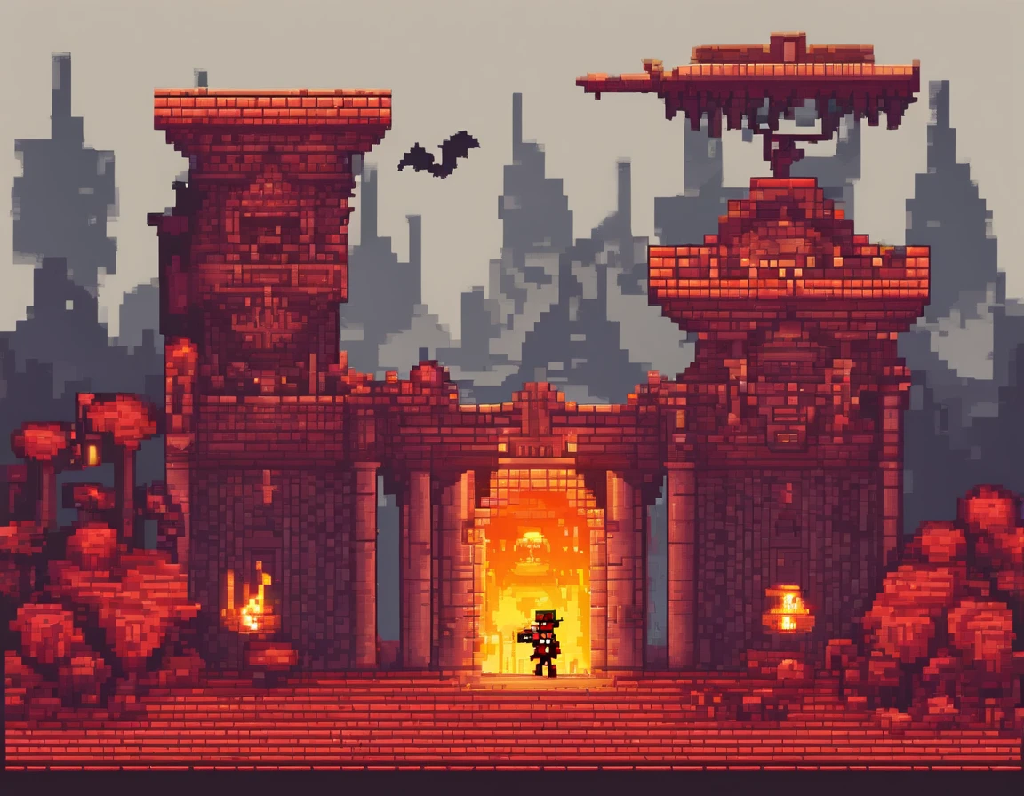 Pixel style, side-scrolling game, sexy heroine, scary enemies, the background is a gloomy dungeon, magma, bats, dead branches