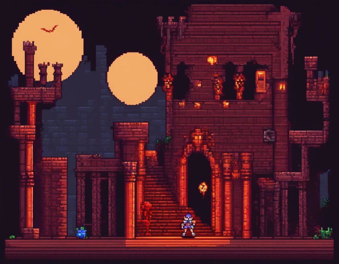 Pixel style, side-scrolling game, sexy heroine, scary enemies, the background is a gloomy dungeon, magma, bats, dead branches