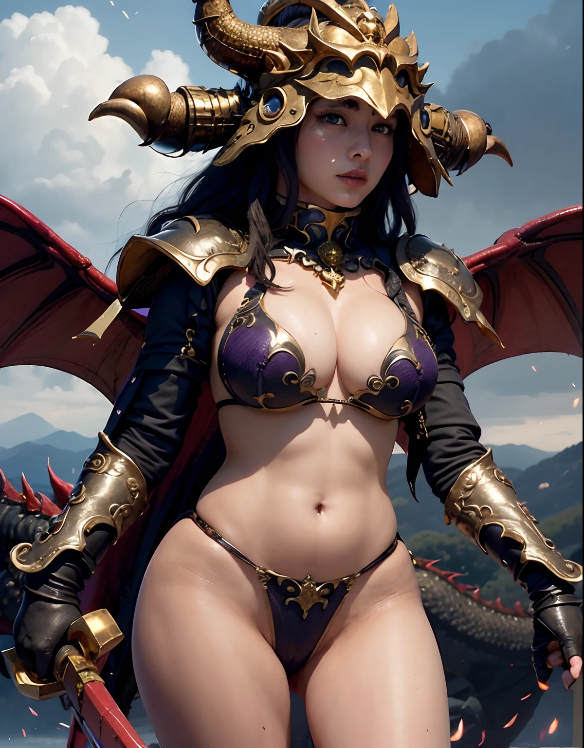 9 Professional , ​masterpiece、top-quality、photos realistic , depth of fields 、（Dragon Blue Metal Body:1.3),(Enamel purple、Black world、Night World、Fierce battle with dragons、（cleavage of the breast）、Mystical expression、Dragon Gold Weapon、（Red Micro Bikini Armor:1.9),Gorgeous gold weapons ,Particles of light、（（ Dragon's dense and gorgeous sword）） , （demonic wings）、（（a blond））、（Castle background）、（（Gangle's forest background））、（（Fight dragons））、Beautiful Caucasian beauty、１a person、dynamic ungle,(((Detailed and ornate dragon helmet)))、Smaller head、A smile、Castle background、Thin and beautiful female hands、cleavage of the breast、Soldier in iron armor on background、Mystical expression、Light Effects、intense fighting、Wind-effect、magic circles、With the legendary magic wand、Dragon's tail、explosions、Anatomically correct body、