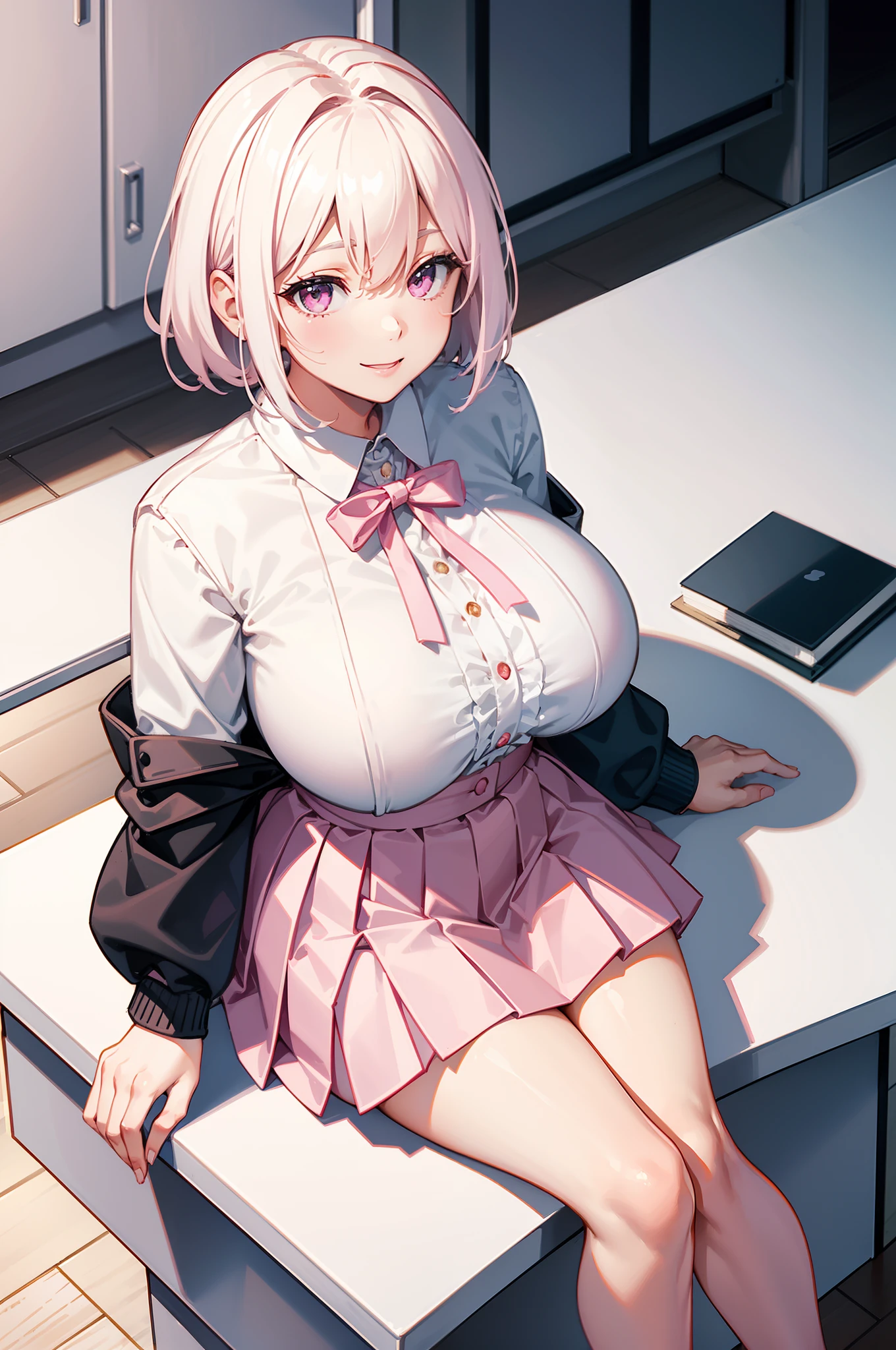 portrait, curvy body, short white hair, pink eyes, white blouse with a pink ribbon, smiling, short pleated-skirt, black stockings, sitting on a desk, downward angle view, arms behind back