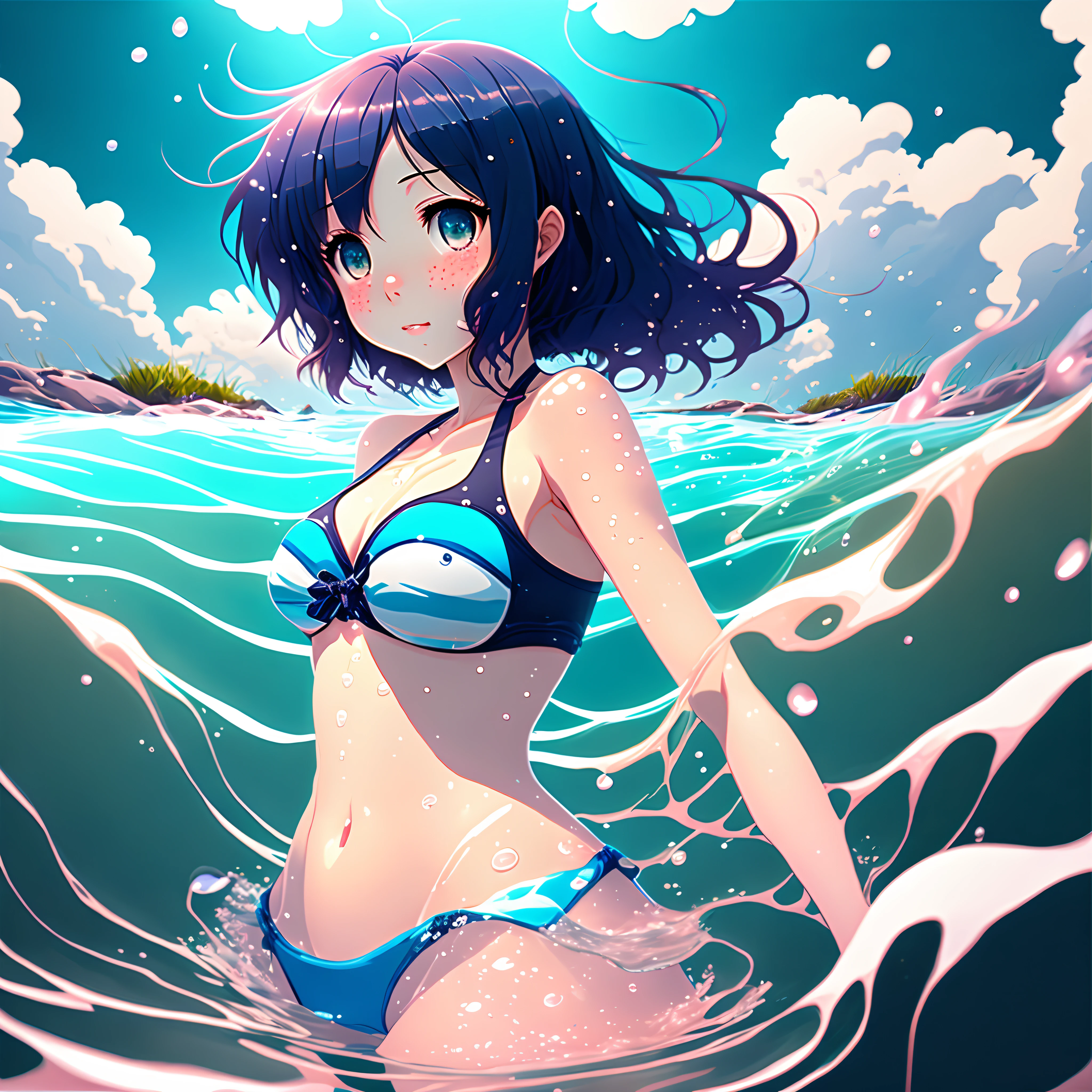Anime girl in underwater bikini with her back to camera, In the water, in water, at sea, makoto shinkai art style, Makoto Shinkai and ArtGerm, [ 4 k digital art ]!!, in water up to her shoulders, Wallpaper Anime Blue Water, In the sea, nymph in the water