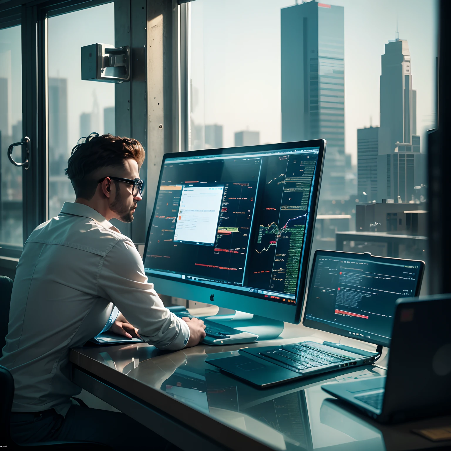 Stock traders, Postmodern,  Inside the apartment, Look through the glass window, Cidade futuristica, Strategist look, laptop, Cinematic, Ultra photo realsisim, highly  detailed (tmasterpiece)  Inside the machine shop