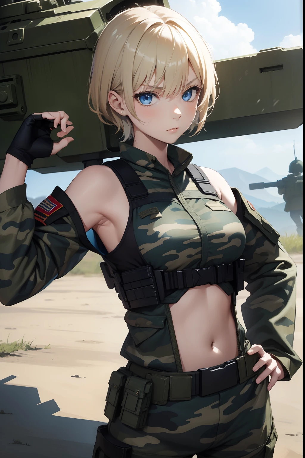 young girl, Short blonde hair, Blue eyes, Soldier camouflage uniform, Sleeveless, Open Abdomen, Gun, Serious look, Masterpiece, High quality