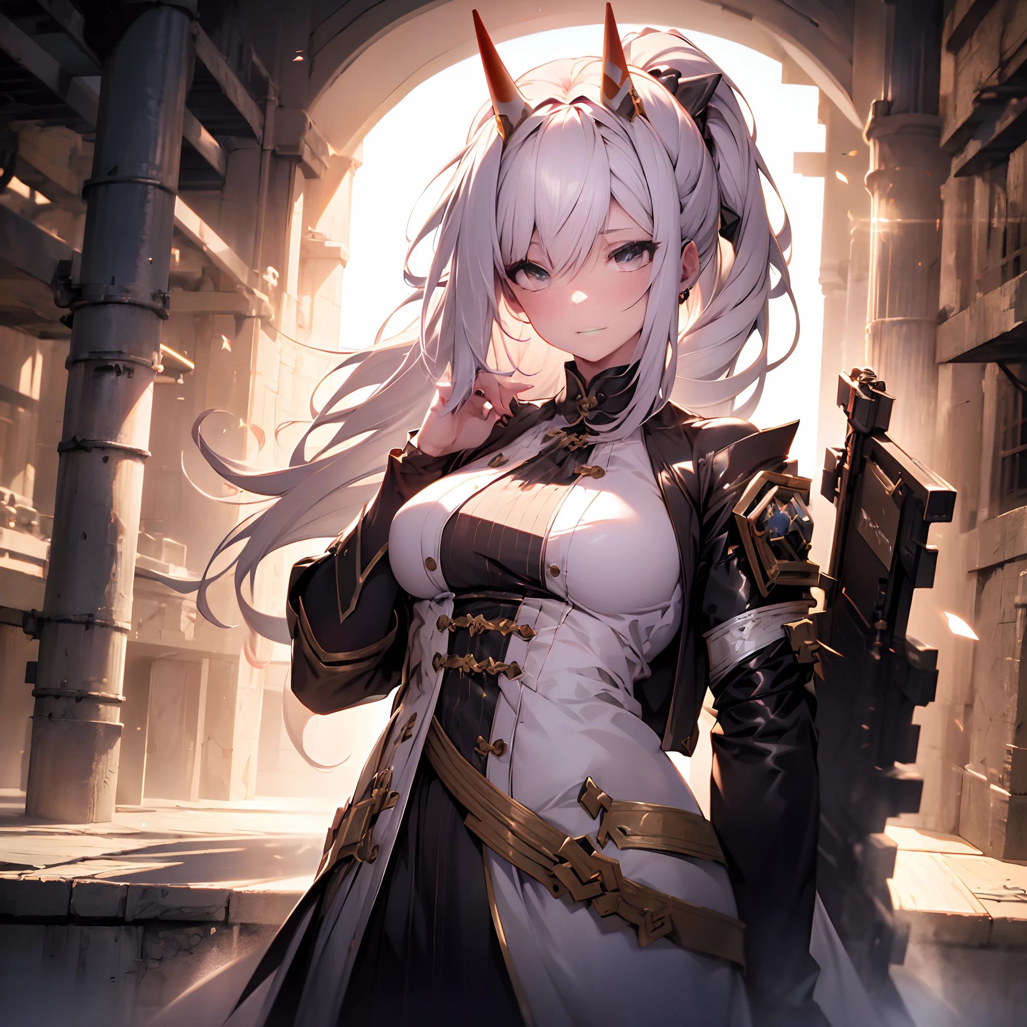 1 adult woman, alone, High detail mature face, long ponytail silver hair, gold eyes, white china dress with black strip, wear 2 small mech horn on the head, high res, ultra sharp, 8k, masterpiece, looking at viewer, long black gloves, Sharp eyes, ((Best quality)), ((masterpiece)), 3D, HDR (High Dynamic Range),Ray Tracing, NVIDIA RTX, Super-Resolution, Unreal 5,Subsurface scattering, PBR Texturing, Post-processing, Anisotropic Filtering, Depth-of-field, Maximum clarity and sharpness, Multi-layered textures, Albedo and Specular maps, Surface shading, Accurate simulation of light-material interaction, Perfect proportions, Octane Render, Two-tone lighting, Wide aperture, Low ISO, White balance, Rule of thirds,8K RAW, Aura, masterpiece, best quality, Mysterious expression, magical effects like sparkles or energy, flowing robes or enchanting attire, mechanic creatures or mystical background, rim lighting, side lighting, cinematic light, ultra high res, 8k uhd, film grain, best shadow, delicate, RAW, light particles, detailed skin texture, detailed cloth texture, beautiful face, fighting stance
