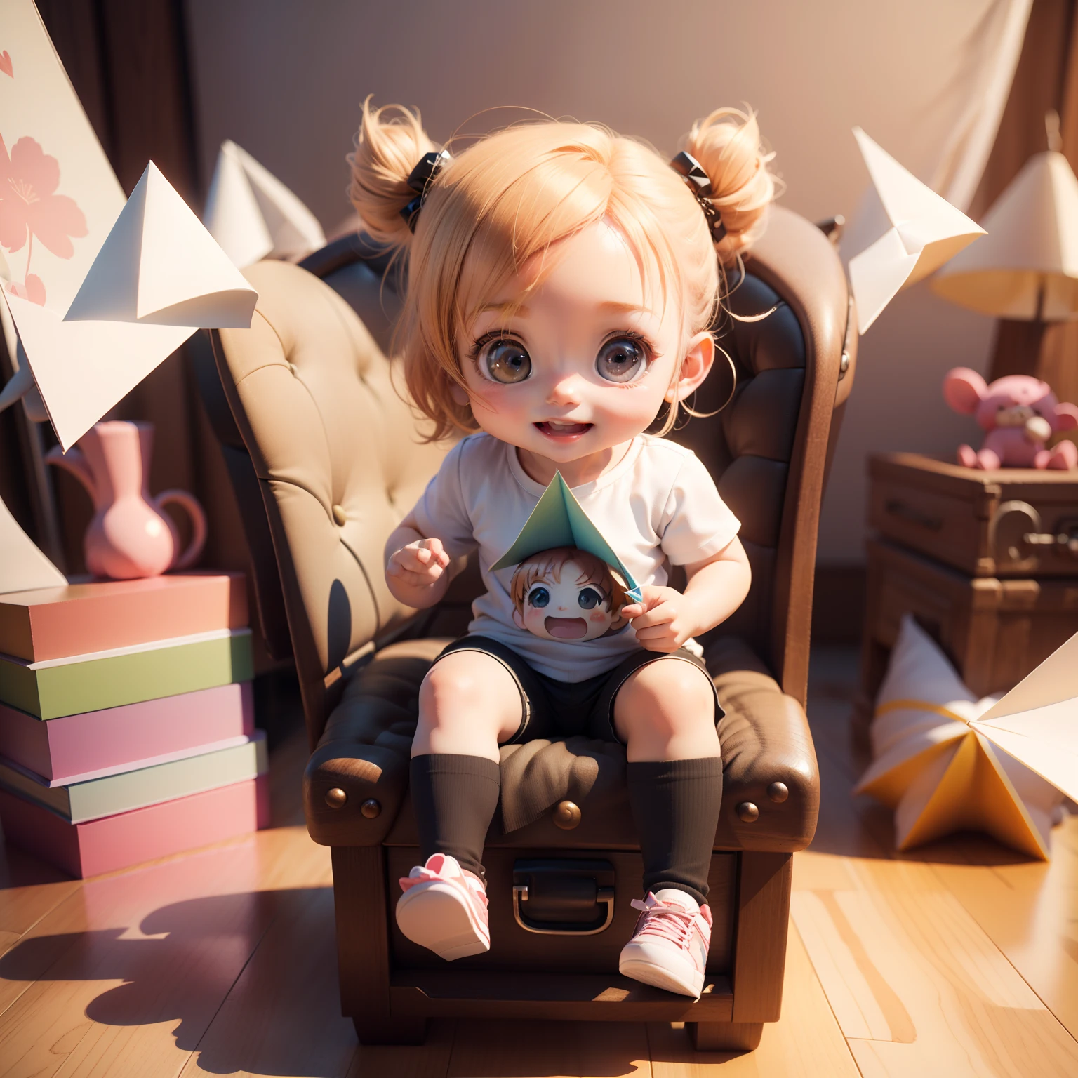 Cute Chibi Anime,(((Chibi 3D))) (Best Quality) (Master Price)、Chibi Pilot、Sitting on a paper airplane、specimen、、Open your mouth and smile、A detailed face、manhattan