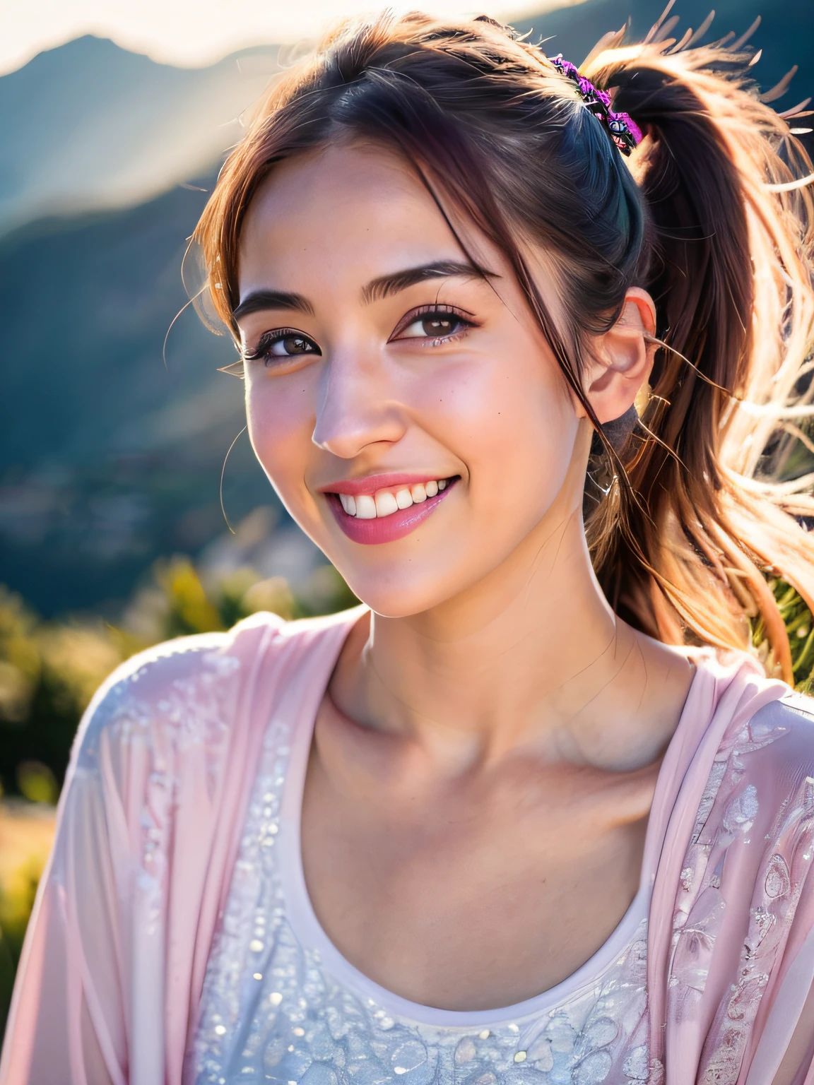 Portrait photo of a young italy girl, 20 years , (laughing:0.7), posing, look at a camera, pink ponytails hair, complex moutains background, backlit, (cinematic:1.5), epic realistic, hyperdetailed, insane details, intricate details, accent lighting, soft volumetric light, bokeh, (dramatic light:1.2), (neutral colors:1.3), cross process