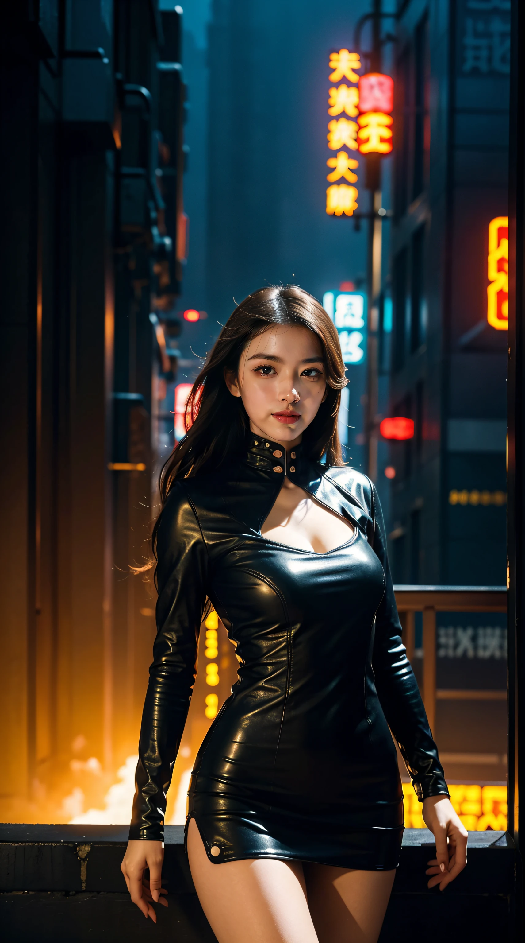 (best quality,4k,8k,highres,masterpiece:1.2),ultra-detailed,realistic,HDR,chic,arrogant beauty,punk,Chinese style,futuristic,high fashion,cyberpunk,glamorous,exotic,stylish,modern,high-tech,subtle makeup,piercing eyes,sharp cheekbones,mysterious smile,flowing long hair,fierce attitude,body-hugging leather dress,elaborate accessories,neon lights,metropolis skyline,Chinese architecture,dragon motifs,vibrant red and gold color palette,contrasting shadows and highlights,smoke and fog,reflective surfaces,cityscape at dusk,electrifying energy,edgy confidence,avant-garde aesthetics,digital glitch effects,explosive visual impact