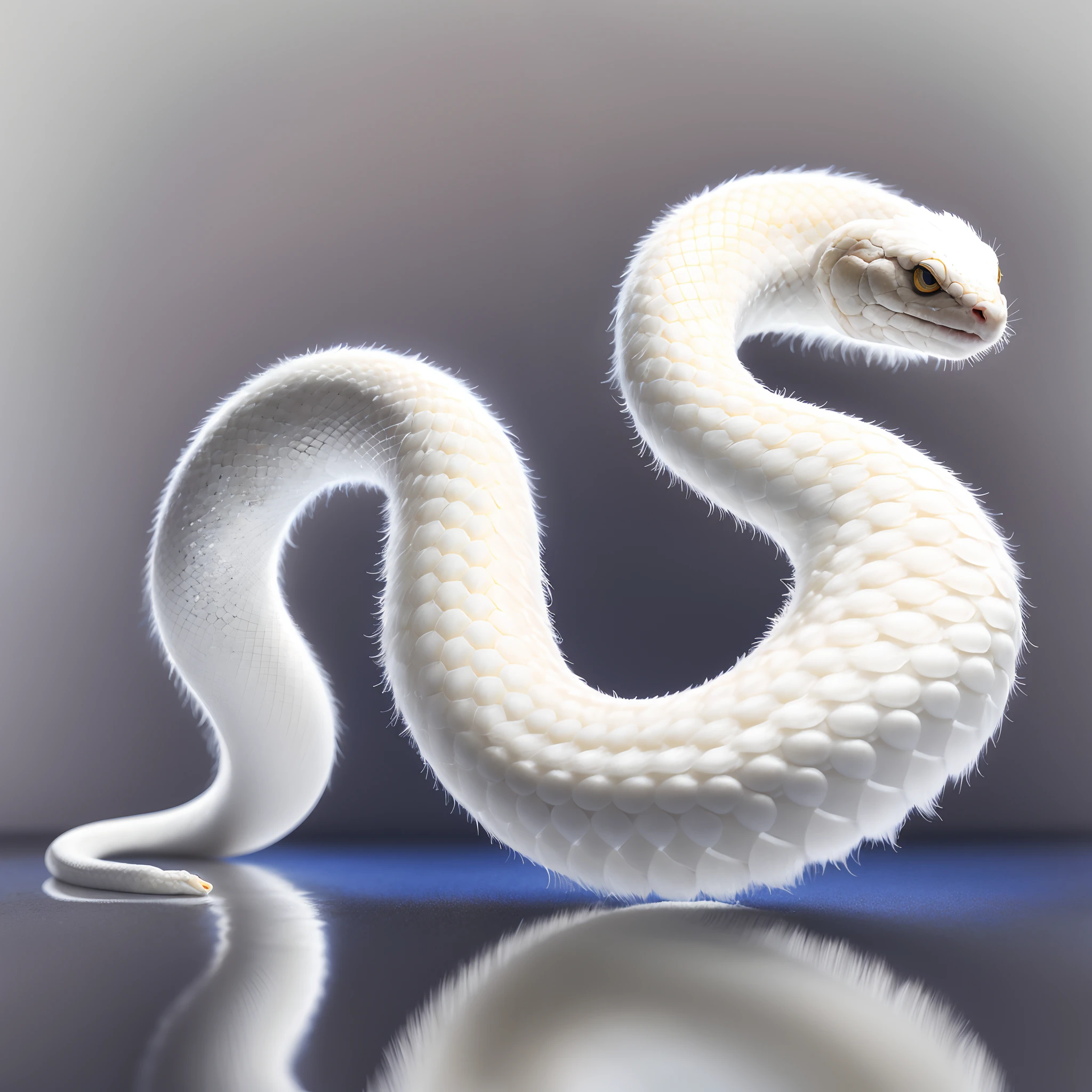 White snake with fluffy white fur、Fluffy white snake、Furry white snake、Solo Serpent、Photo of a white snake with very delicate and fine white hairs covering the whole body、Snakes with white fur that is very accurate to the whole body、masterpiece、Highest quality images、Best Rendering、Mixed animals、The hair of the whole body is a mixture of thick and fine hairs.、Receiving the Sunshine、Each hair shimmers reflecting sunlight、Snake Sewing Light