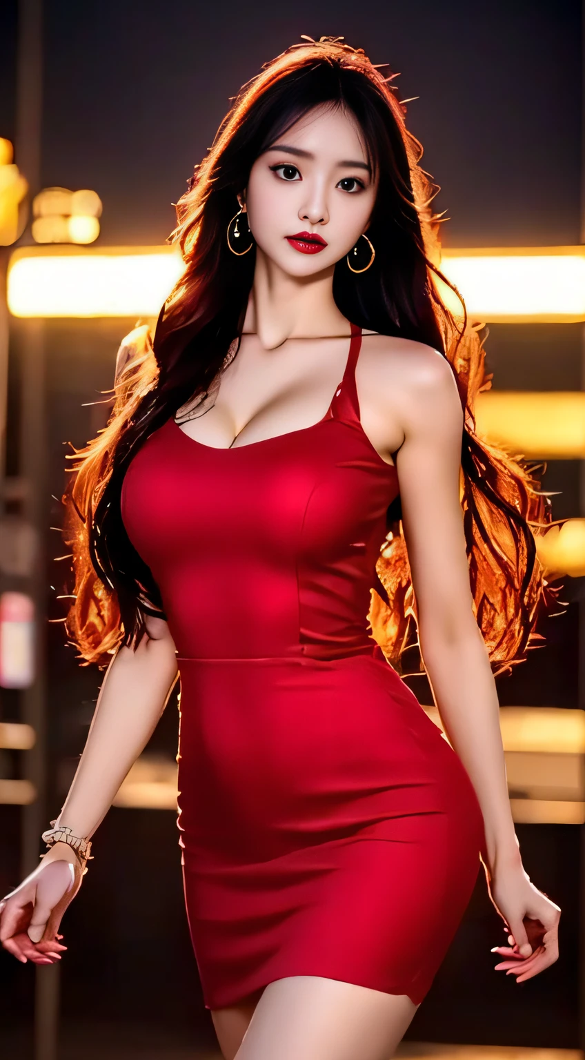 top-quality。８K-Picture。Ultra-high pixel。The background is the city at night。girl with。hair is long and slightly wavy,,,,,,,,,,,,,。The color is dark brown。Glamour style、((huge-breasted：1.4))。wearing red dress、Photos dancing brilliantly。Delicate finish overall。The body line is gorgeous。legs are long、Wear red high heels。Hair shines like a reflection of the street。The eyeball reflects the surrounding landscape。The skin is wet with night dew。Almost perfect woman。time々In close-up of the upper body。