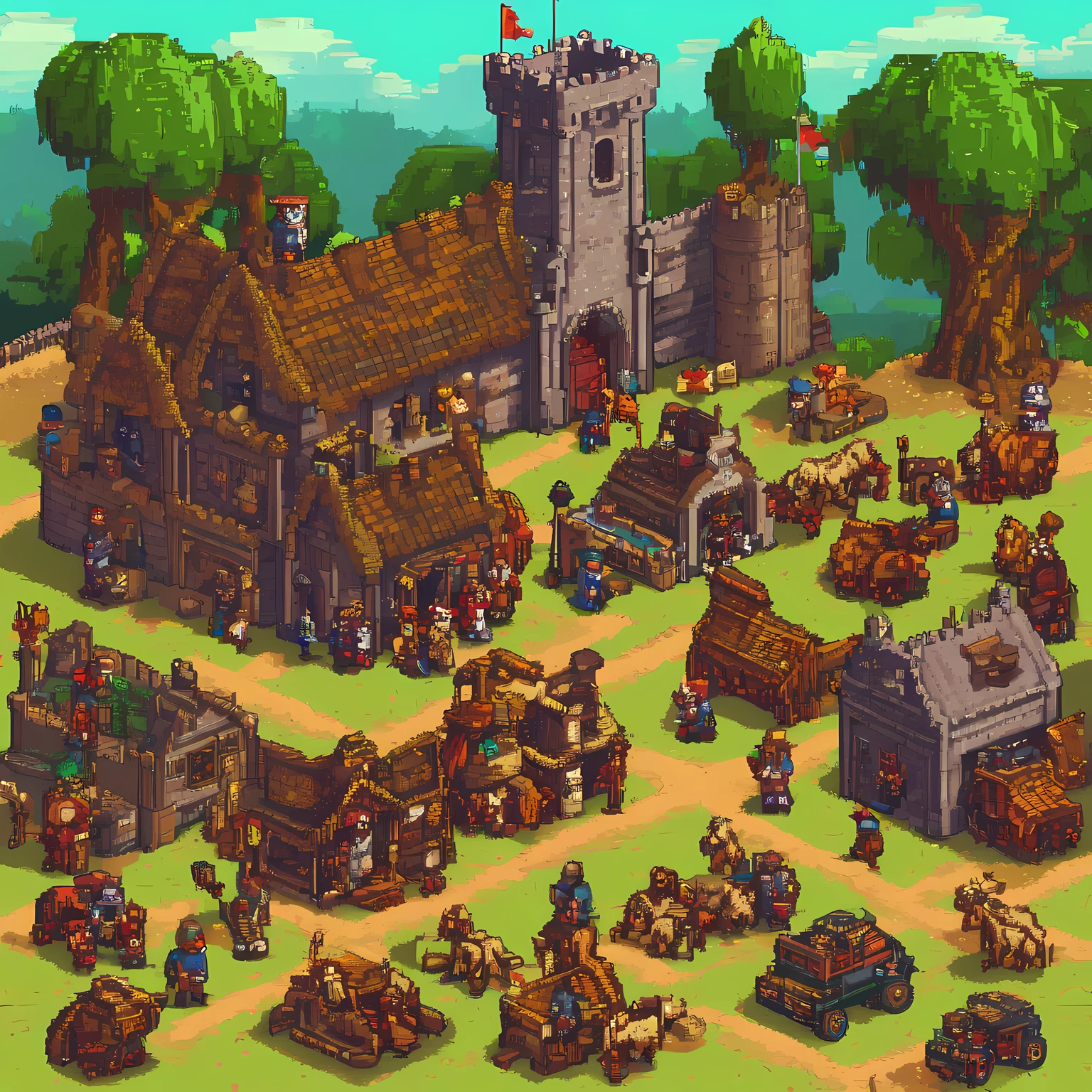 (16bit pixel game:1.3), (16bit pixel game scene:1.3), (pixel art:1.3), (dot picture:1.3), (dot pixel art:1.3), (pixel graphics:1.3), (16bit pixel art;1.3), (16bit pixel style age of empire II:1.3), (retro game:1.3), (retro game scene:1.3), (retro PC game:1.3), medieval countries war gage, real time strategy game, European country army, castle, village, bow army, war game, England vs France, Knight horse army, game UI,