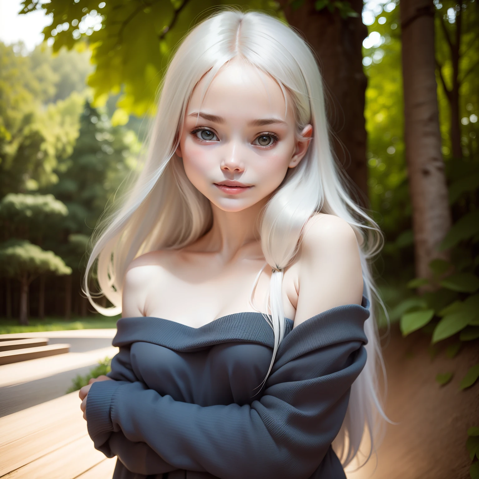 (((top-quality))),(((ultra-detailliert))),​masterpiece,(((realisitic))),(((Photo Real))),Russians、１Man Woman、Beautiful silver hair、Natural light、smooth lips、small nose、((no-makeup))、(((Cute beautiful perfect face at 18 years old)))、tiny chest、Cute poses 、(kindly smile)、((Detailed face)), ((Detailed upper body)), (finely detailed skin), pale skin,(cold color)、(Best Quality) ,camp、Big trees、((blured background))