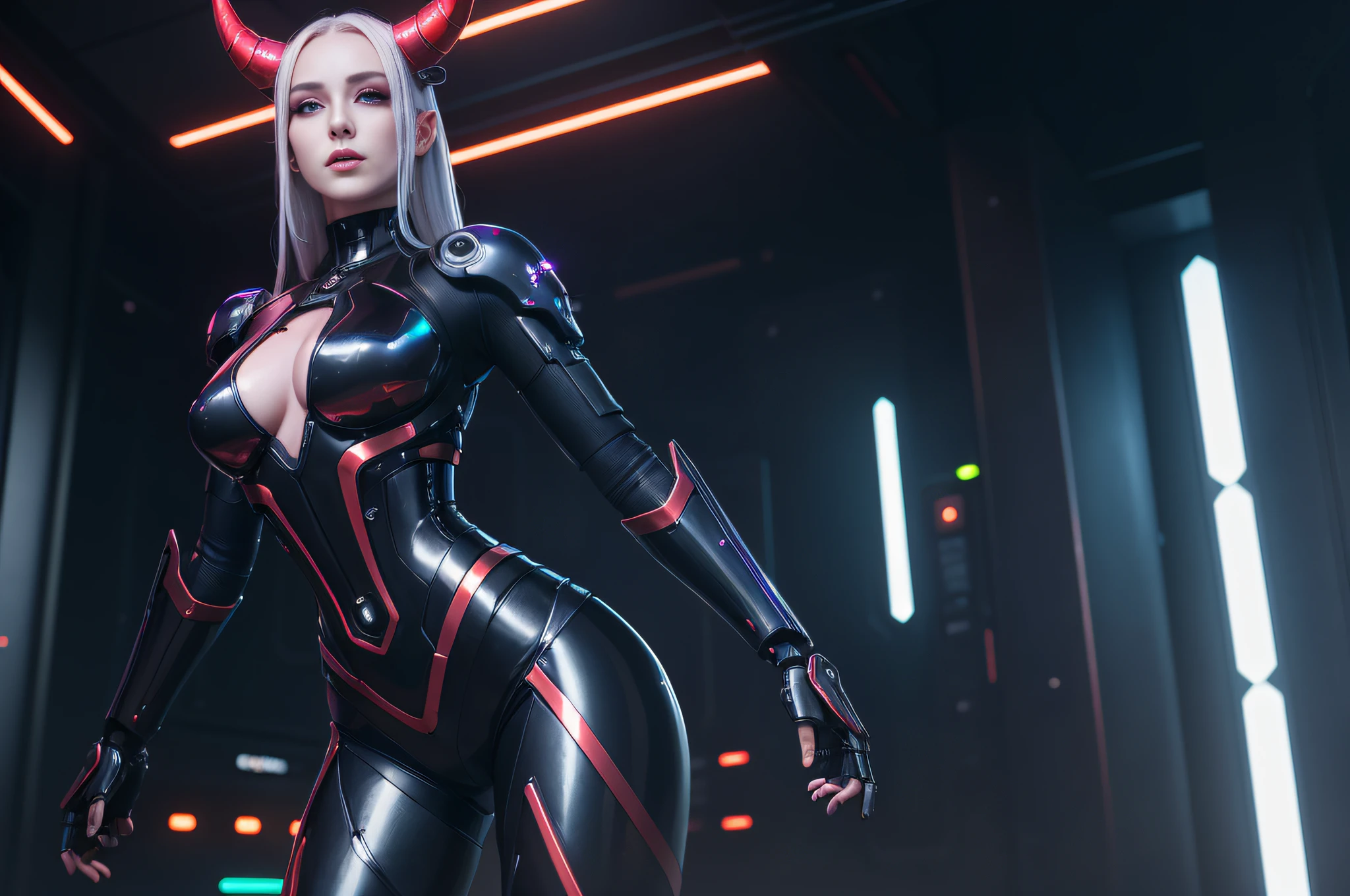 trending on artstation, masterpiece, android succubus posing in a spaceship wearing a futuristic spacesuit, deep red skin, cyborg, robotic parts, cybernetic bodyparts, horns, demon, scifi, science fiction, digital art, detailed, tall body, Mature body, seductive body, detailed beautiful faces, detailed shiny eyes, Detailed skin, atmospheric lighting, dim light, thirds rule, cyberpunk