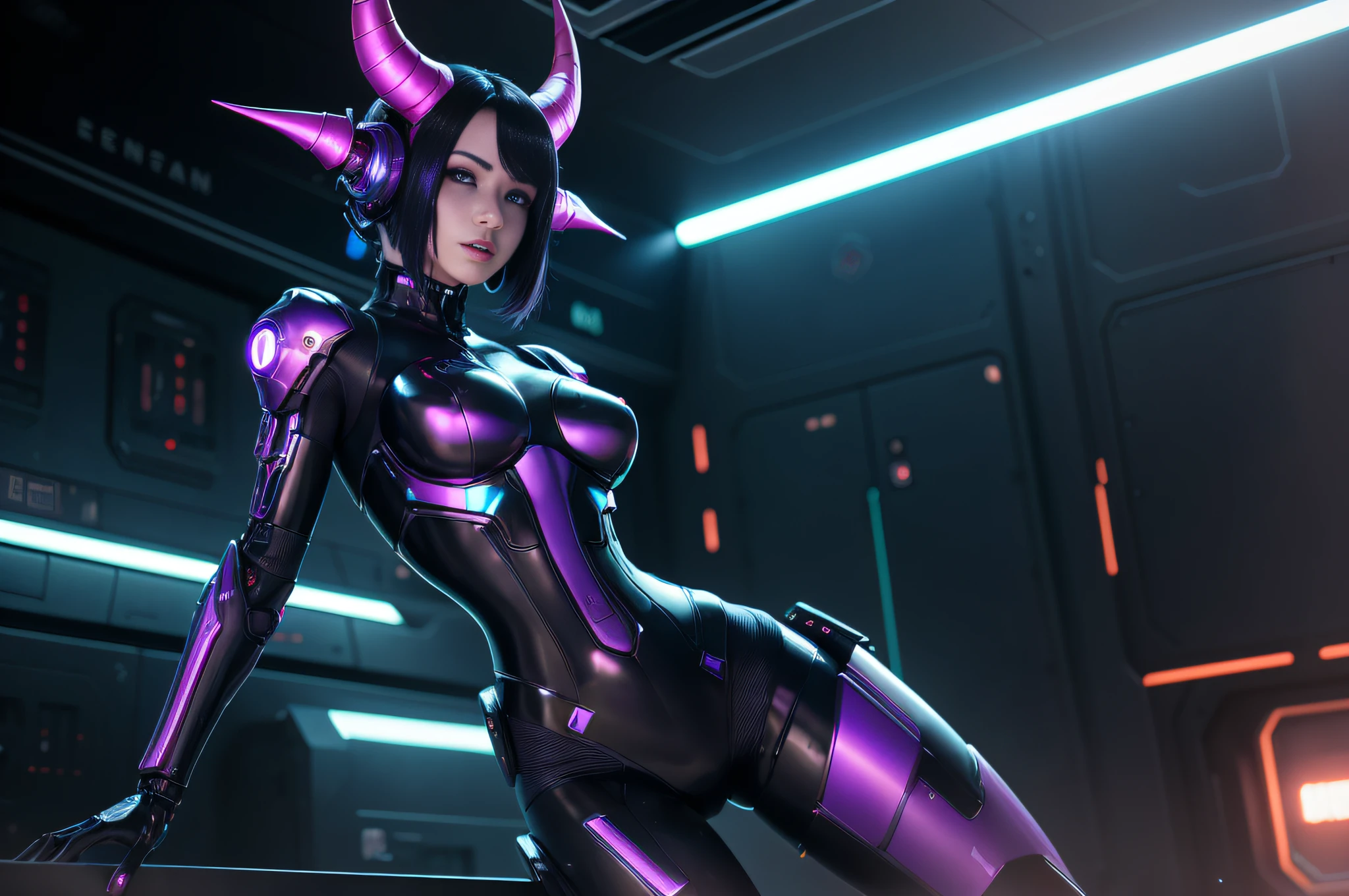 trending on artstation, masterpiece, android succubus posing in a spaceship wearing a futuristic spacesuit, deep red skin, cyborg, robotic parts, cybernetic bodyparts, horns, demon, scifi, science fiction, digital art, detailed, tall body, Mature body, seductive body, detailed beautiful faces, detailed shiny eyes, Detailed skin, atmospheric lighting, dim light, thirds rule, cyberpunk