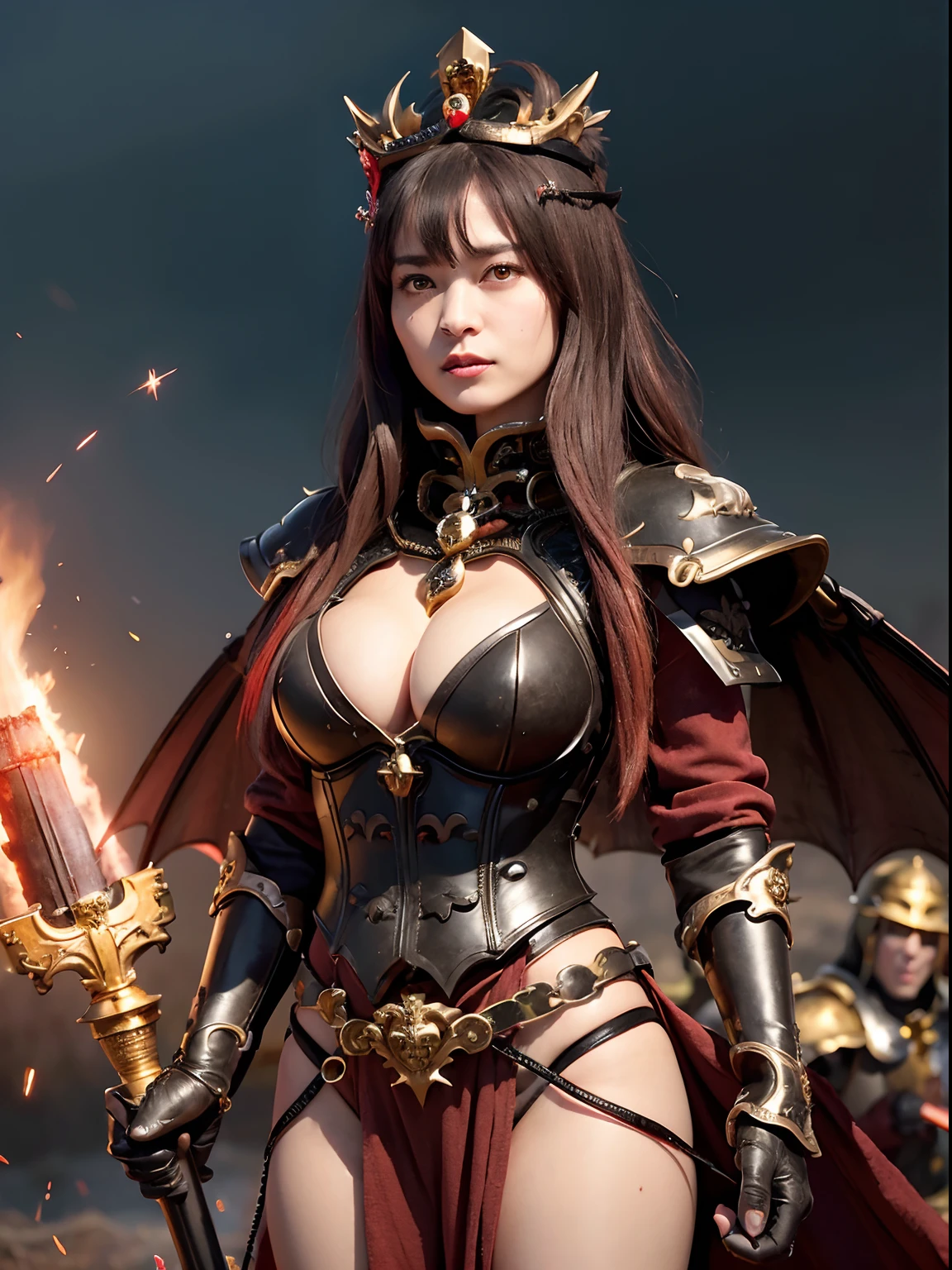 (Bleeding from the head), Professional , masterpiece、top-quality、photos realistic , depth of fields (Gemstone Black Metal Body:1.9),(Matte Black、Toostock、(cleavage of the breast)、((Random Hairstyles 1.6),Dark Fantasy,)explosions、intense fighting、Blood on the face,Blood Rain,Blood fog(blood splattere:1.2),Dragon Gold Weapon,Mystical expression、Particles of light、Fight dragons、(),Gorgeous Silver Weapons ,(( Dragon's dense and gorgeous sword)) ,,Detail and gorgeous crown、((Red hair))、(Castle background)、、((Gangle's forest background))、Beautiful Caucasian beauty、1a person、dynamic ungle,(((Detailed and ornate Black Devil Crown)))、Smaller head、A smile、Castle background、Thin and beautiful female hands、cleavage of the breast、Soldier in iron armor on background、Mystical expression、Light Effects、intense fighting、Wind-effect、magic circles、With the legendary magic wand、(demonic wings)、