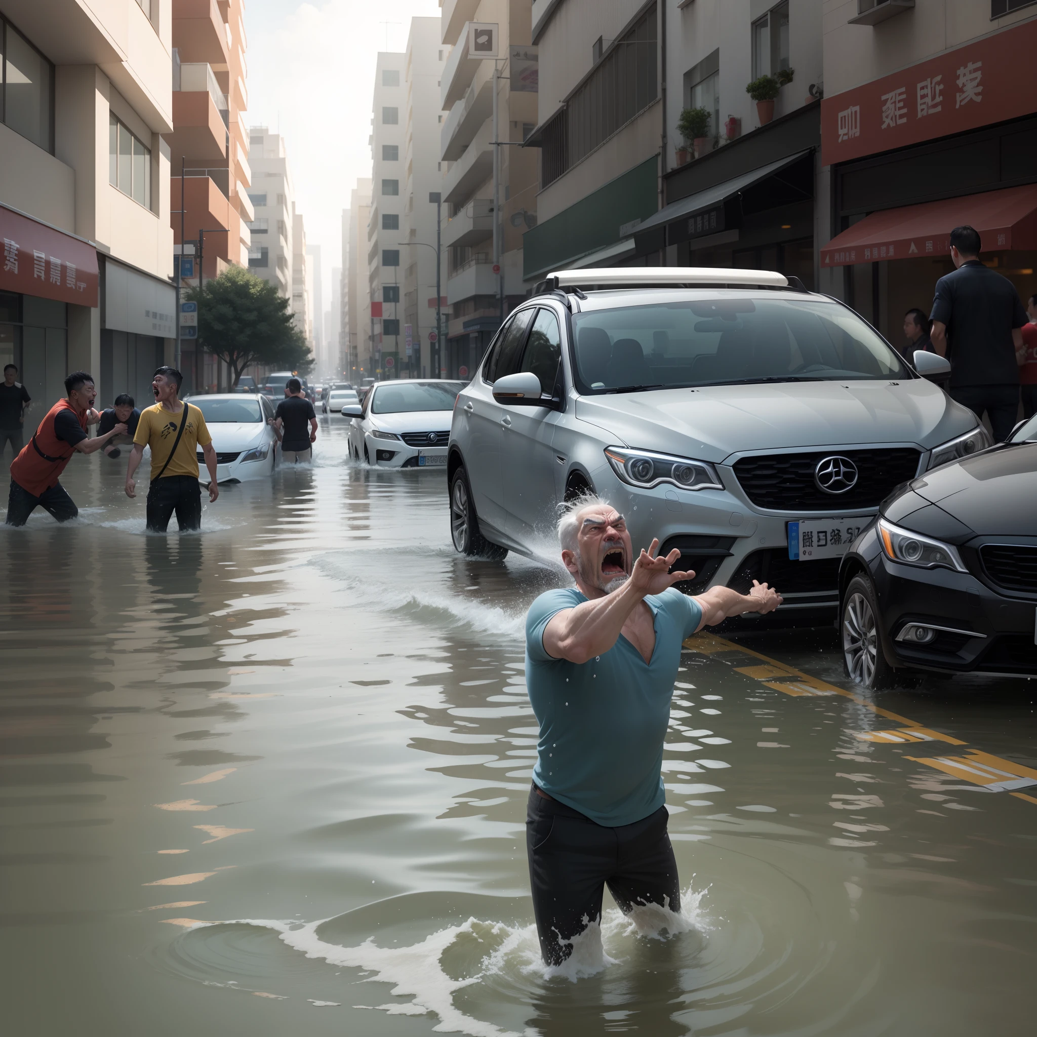 The uncle encountered a flood,Passers-by and buildings were flooded,People can only swim,The water splashed forward,Then he became angry next to his white car,The story ends with the uncle's anger,The car also came to naught。
