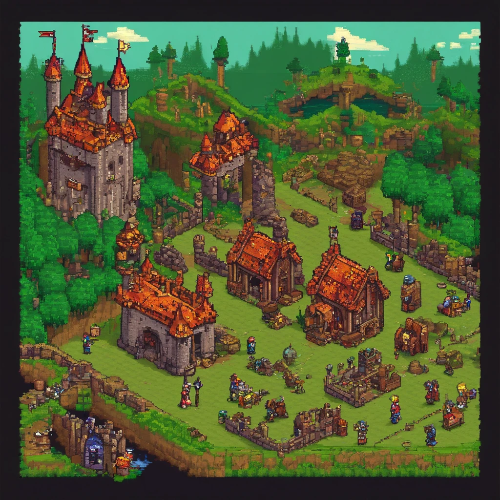 (16bit pixel game:1.3), (16bit pixel game scene:1.3), (pixel art:1.3), (dot picture:1.3), (dot pixel art:1.3), (pixel graphics:1.3), (16bit pixel art;1.3), (16bit pixel style age of empire II:1.3), (retro game:1.3), (retro game scene:1.3), (retro PC game:1.3), medieval countries war gage, real time strategy game, European country army, castle, village, bow army, war game, England vs France, Knight horse army, game UI, dragon quest, final fantasy, super mario, zelda,