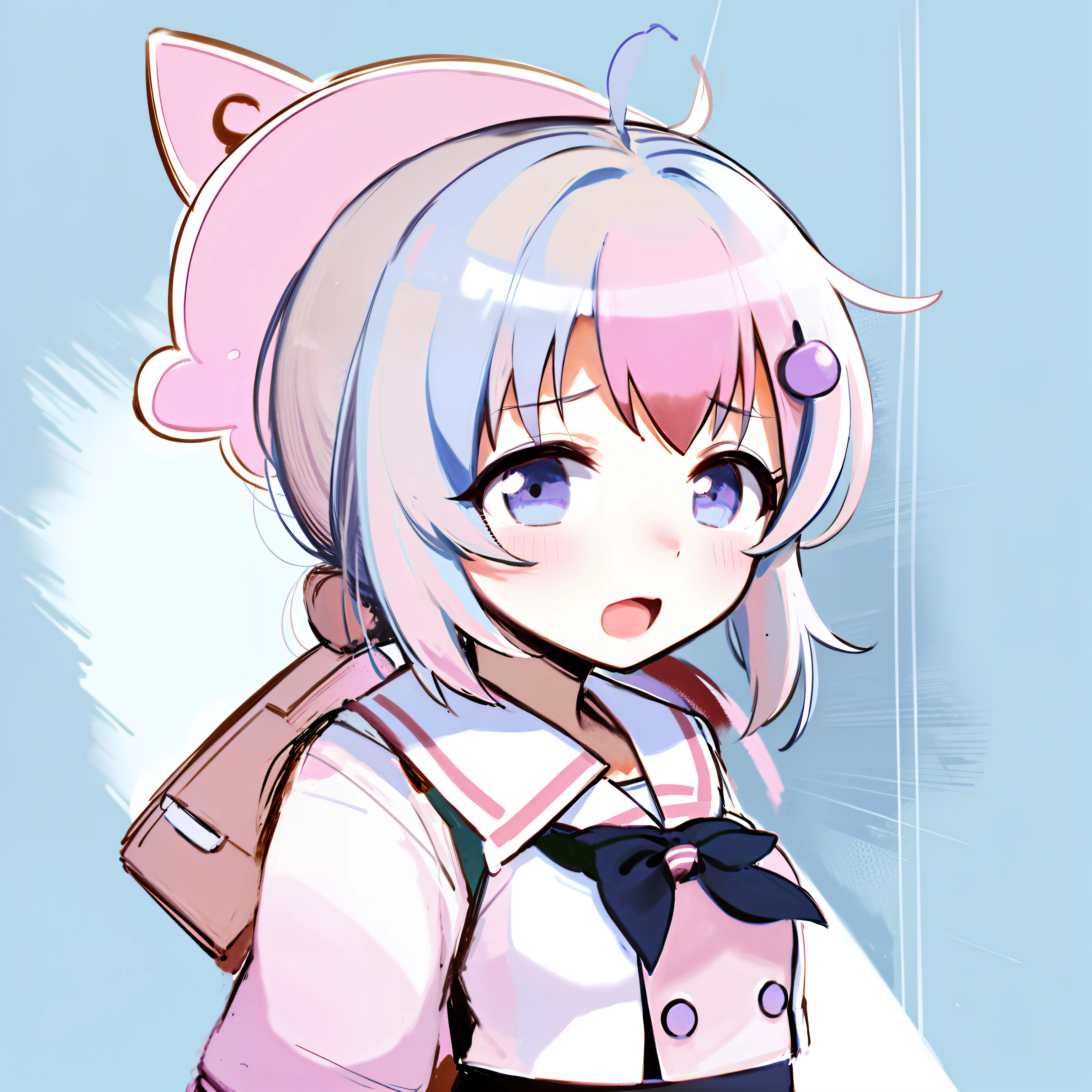 Anime girl holding a strawberry with a bow on her head, render of april, small curvaceous , Loliime moe art style, Cute anime girl, Marin Kitagawa fanart, small loli girute kawaii girls, chiaki nanami from danganronpa, holding a pudica pose, portrait of cute anime girl, shirabii