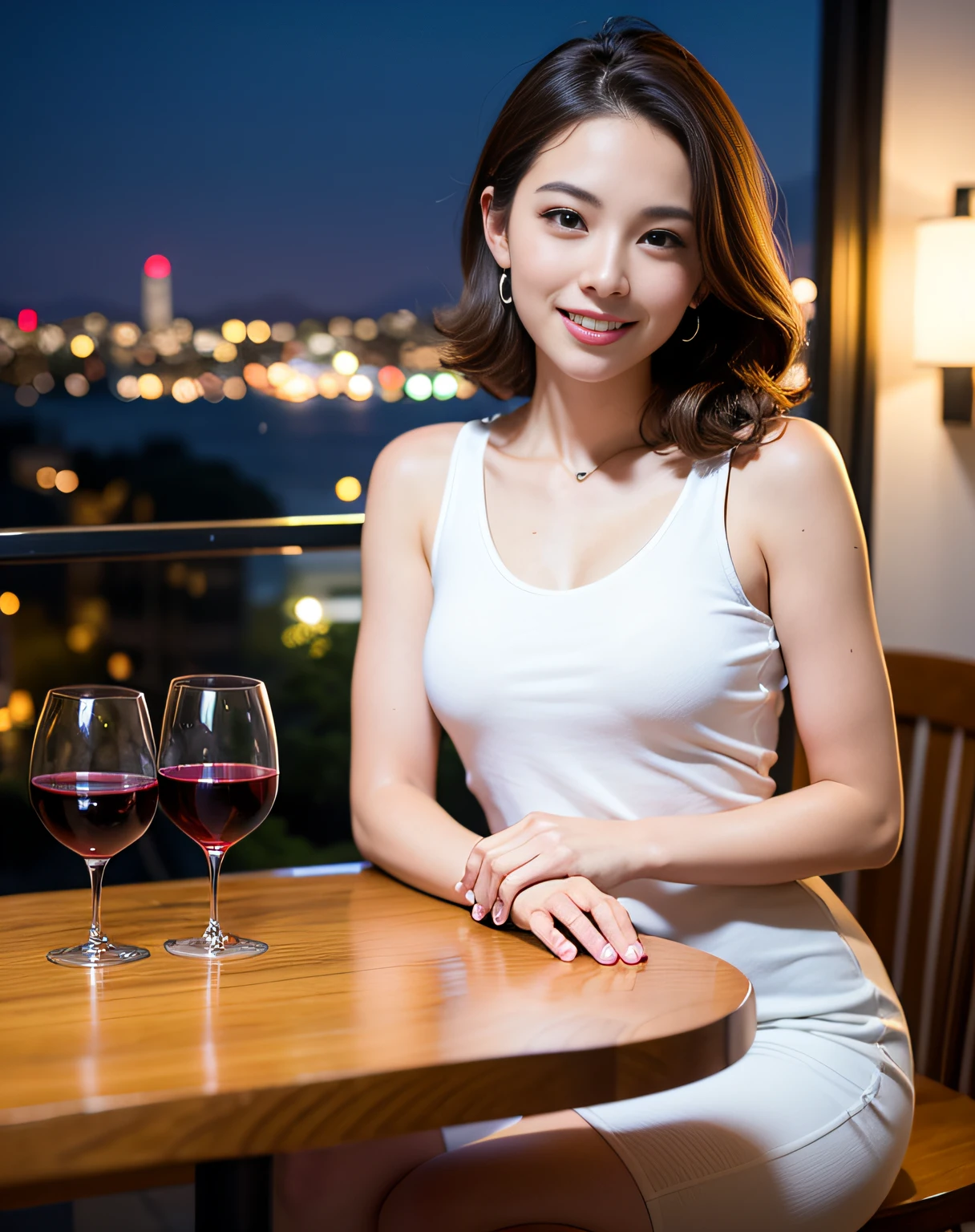 (64K, UHD, top quality, masterpiece: 1.2), (realistic, photorealistic: 1.37), super detailed, pretty woman 1 person, (slim face), (slim body), (brown hair), (short cut), cheeks slightly blushing, (44 years old), 38 years old, solo, beautiful detailed urban night view outside the window, restaurant, wine glasses sit, at night, in a prominent placeNovaFrogStyle, Actress, Model, Waist Up, White Wine, Slim, Wine Glass, Super Clean Night View, Wine Glass Put in the Middle, Happy Smile, (Smile: 1.15), Beautiful Fine Eyes, Upper Body, Bust Japan Up, Night, Short, Short, Actress, Model, Waist Up, White Wine, Slim, Wine Glass, Super Clean Night View, Wine Glass Put in the Middle, Happy Smile,
