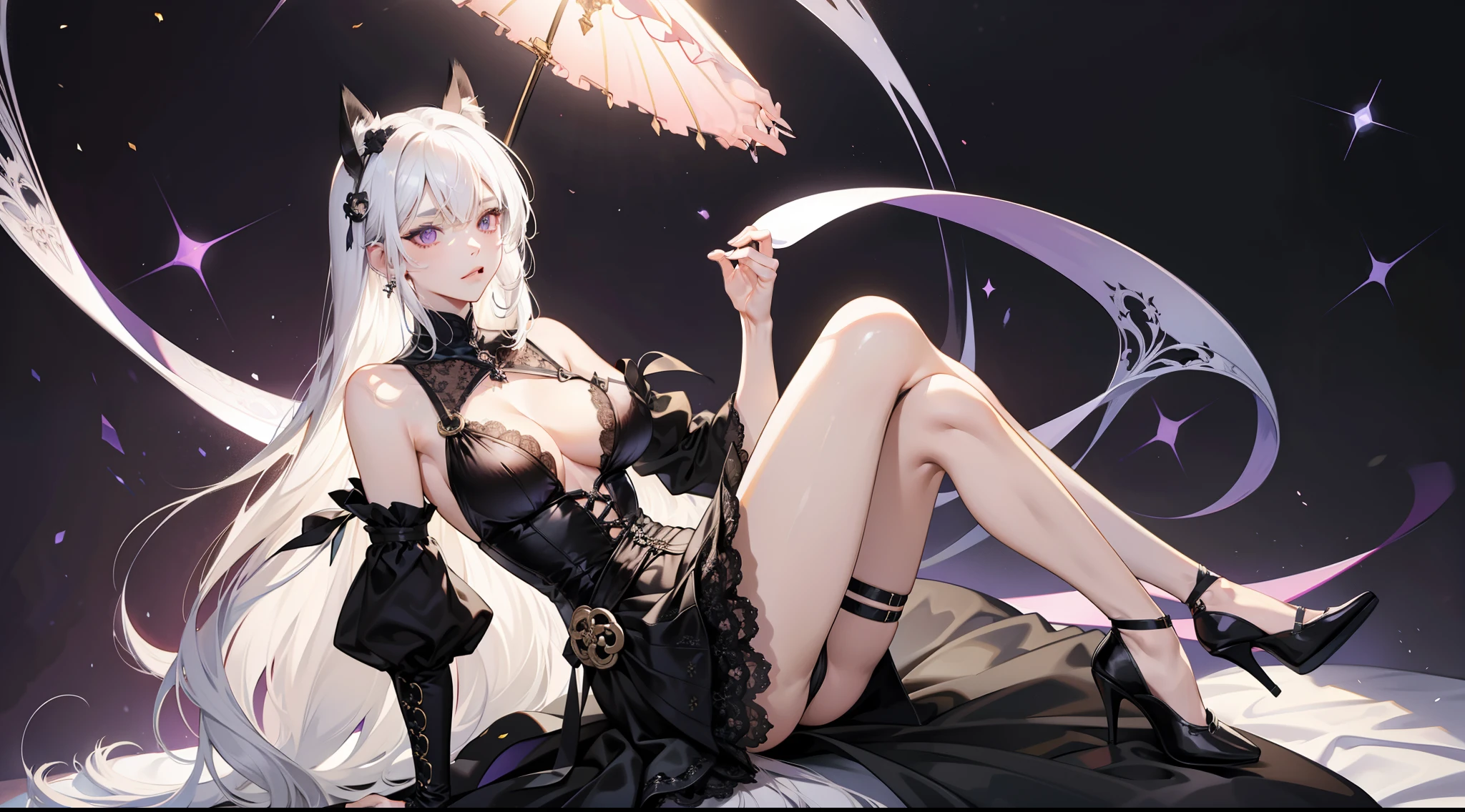White hair fantasy woman in black dress, 1girll, Breasts, Solo, Very long hair, dress, Lace,Very short skirt, Purple eyes, ((Black cat ears)), Short black Romanesque dress,Tight shoulder straps at the waist,There are gold accents on the clothes,耳Nipple Ring,jewelry, White hair, Bare shoulders, bangs,upper legs,Exposing thighs,Lenses are changeable