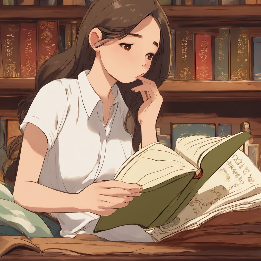 A girl,close up, wearing white shirt, reading a book, (best quality:1.3), (highres:1), (detailed:1.3), (incredible:1.3), (perfect:1.3), (perfection:1.3), (volume cover art:0), (illustration:1.3), art by studio ghibli