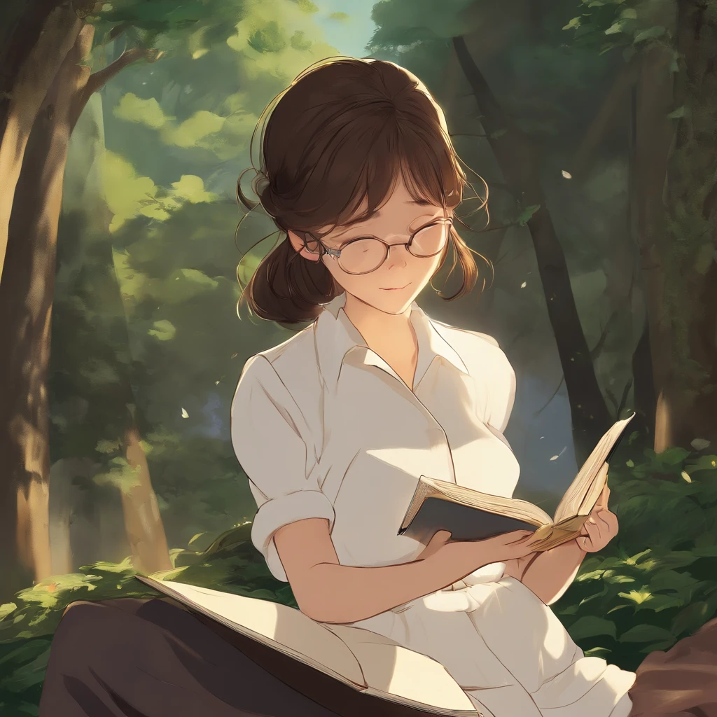 A girl,close up, wearing white shirt, reading a book, (best quality:1.3), (highres:1), (detailed:1.3), (incredible:1.3), (perfect:1.3), (perfection:1.3), (volume cover art:0), (illustration:1.3), art by studio ghibli