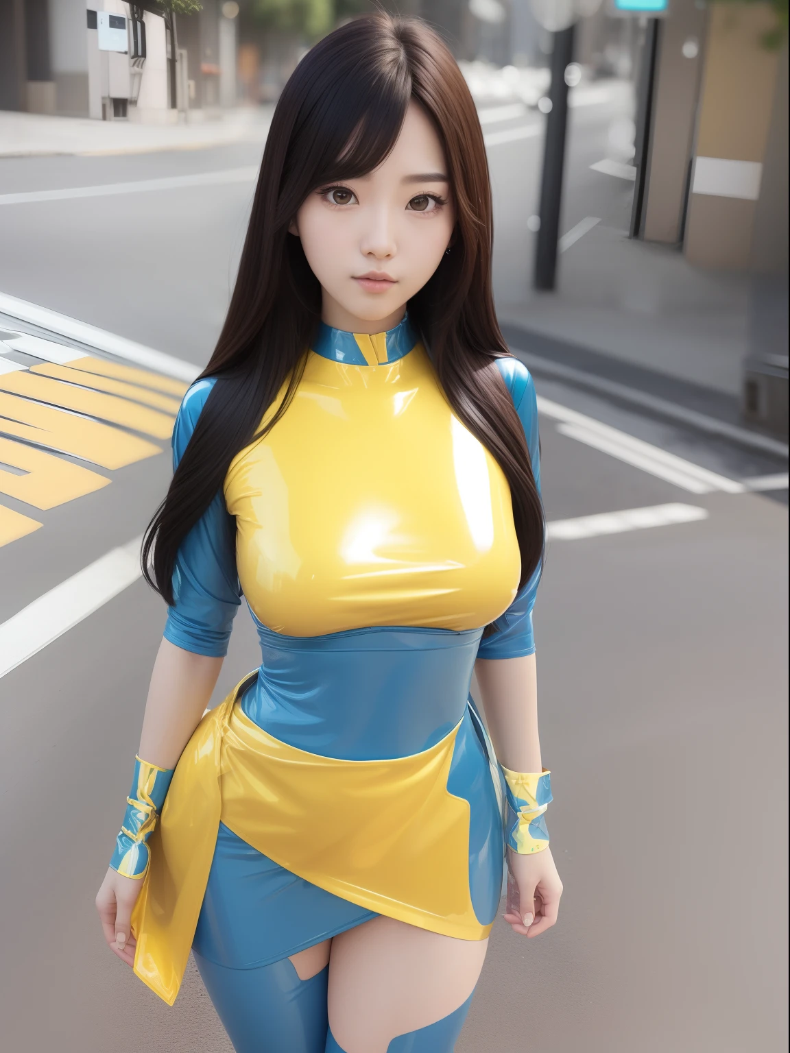 masutepiece,A hyper-realistic,32K,the Extremely Detailed CG Unity 8K Wallpapers, Best Quality,(((Gorgeous Korean Woman))),((Yellow and light blue latex wrap girl costume:1.2)),gal make,atlibrary,(Full body),Smile,latex tights,,super model,Staring at the viewer,Big,Rolling up her skirt,Wearing gloves,((Standing at street)),((embracing each other))