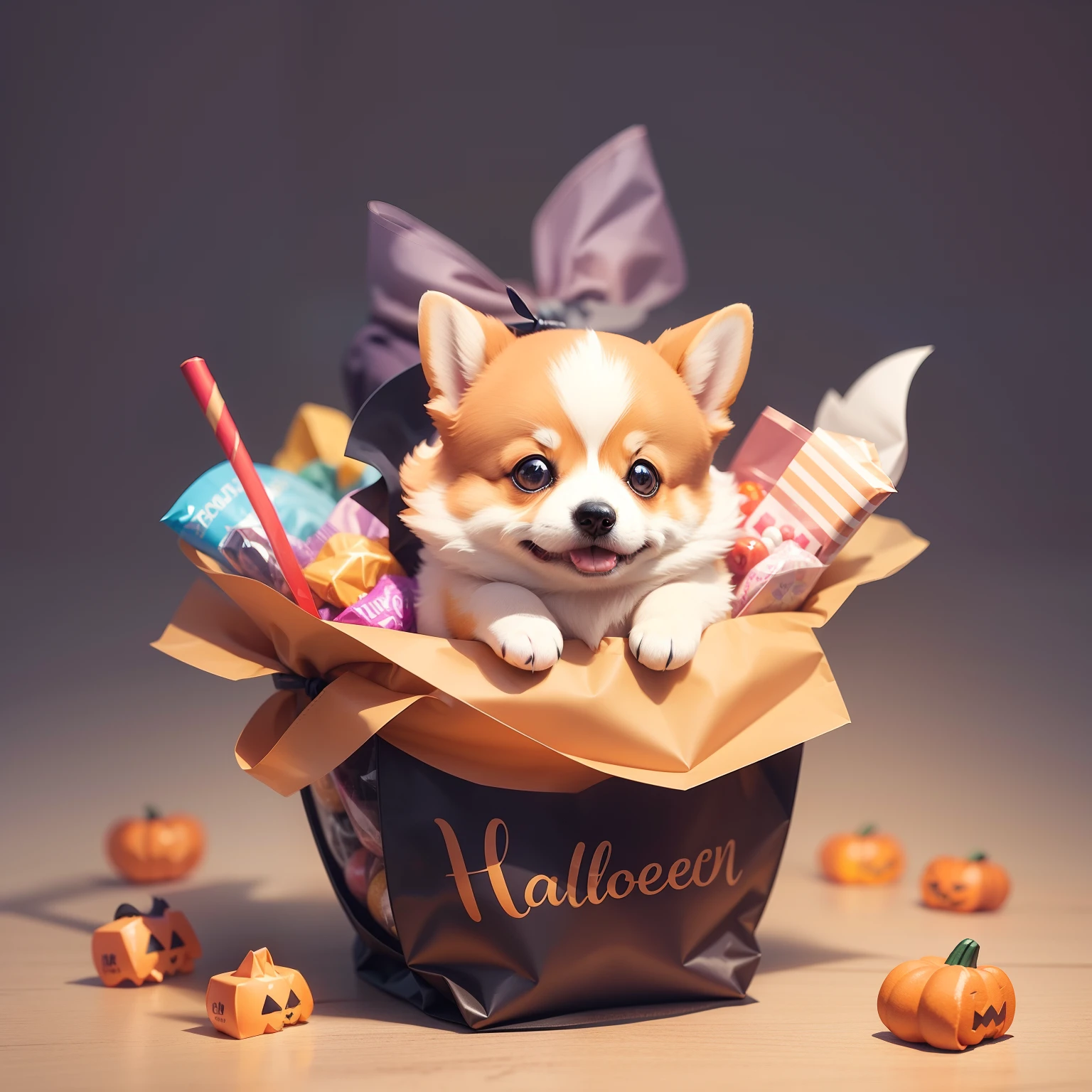 Realistic, hyper realistic Watercolour clip art of a small cute corgi dog in a ghost halloween costume , wearing a bag of sweets, halloween theme , digital illustration , soft bright background