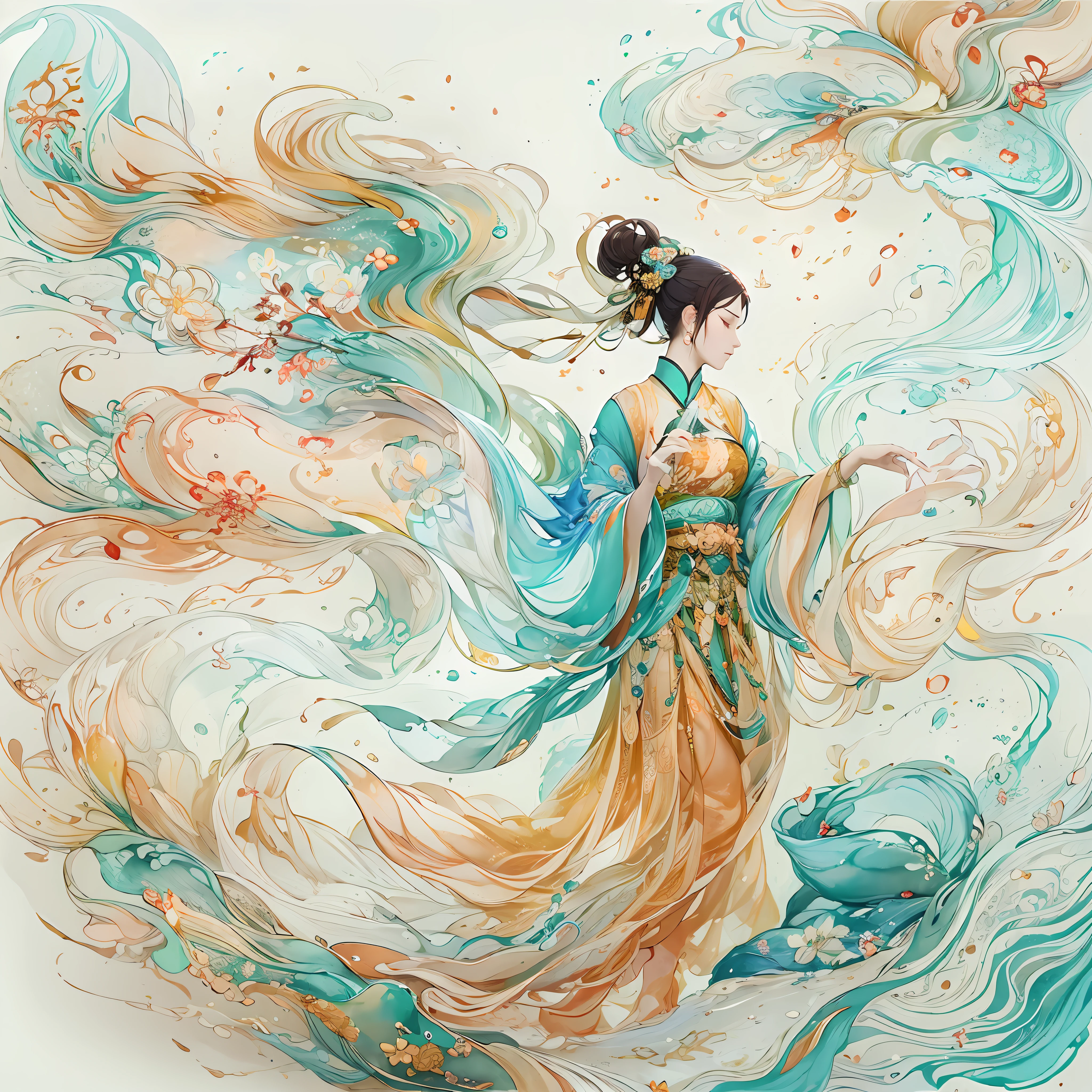 (Alcohol Ink:1.5),Dunhuang style, Dancing in the sky, Ancient Chinese beauties, silk Hanfu, Tulle ribbon, graceful dance movements, ink painting style, clean colors, decisive cutting, white space, freehand brushwork, Soft Lighting,Dreamy Glow, ( Bokeh),masterpiece, super detailed, epic composition, highest quality, 4k,