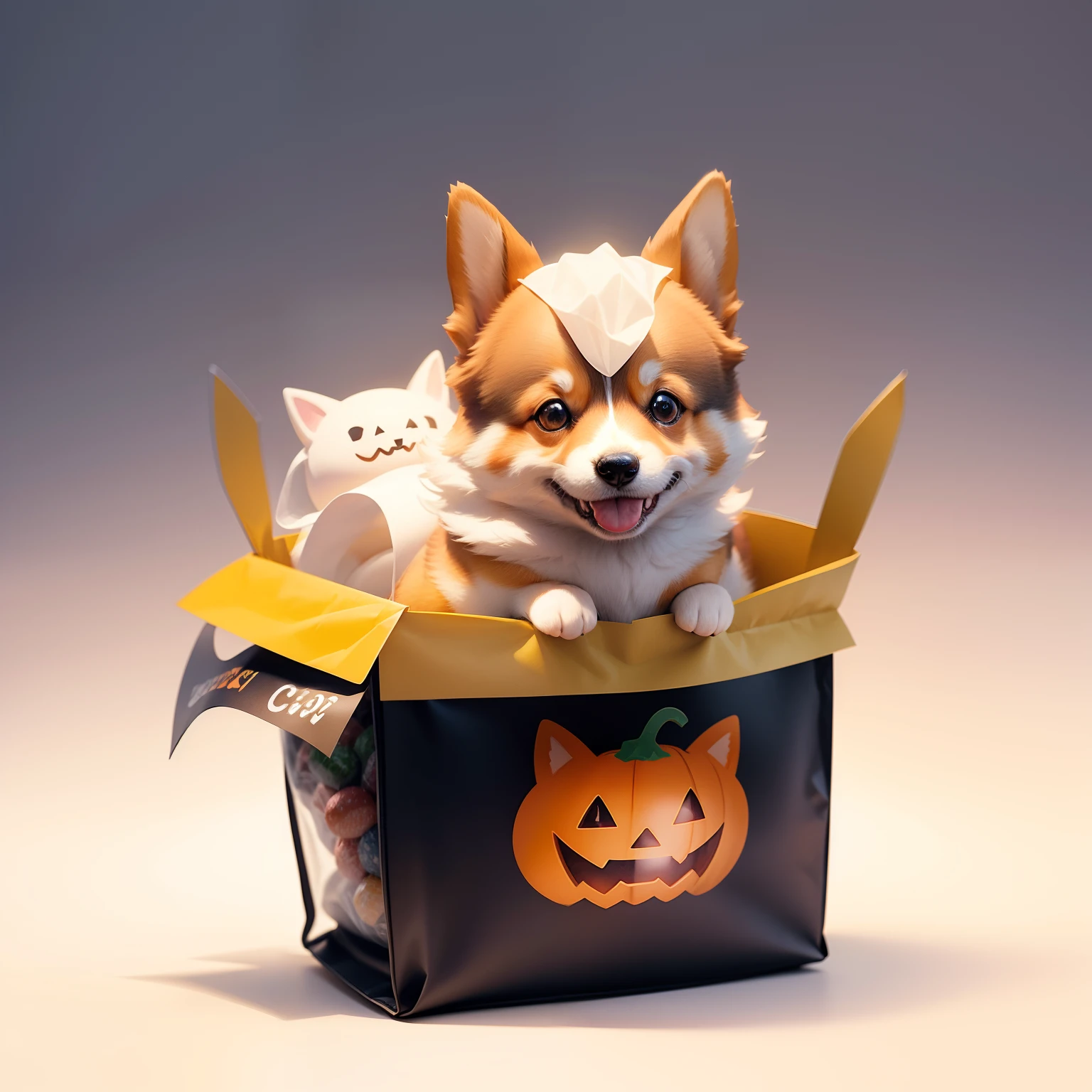 Realistic, hyper realistic Watercolour clip art of a small cute corgi dog in a ghost halloween costume , wearing a bag of sweets, halloween theme , digital illustration , soft bright background