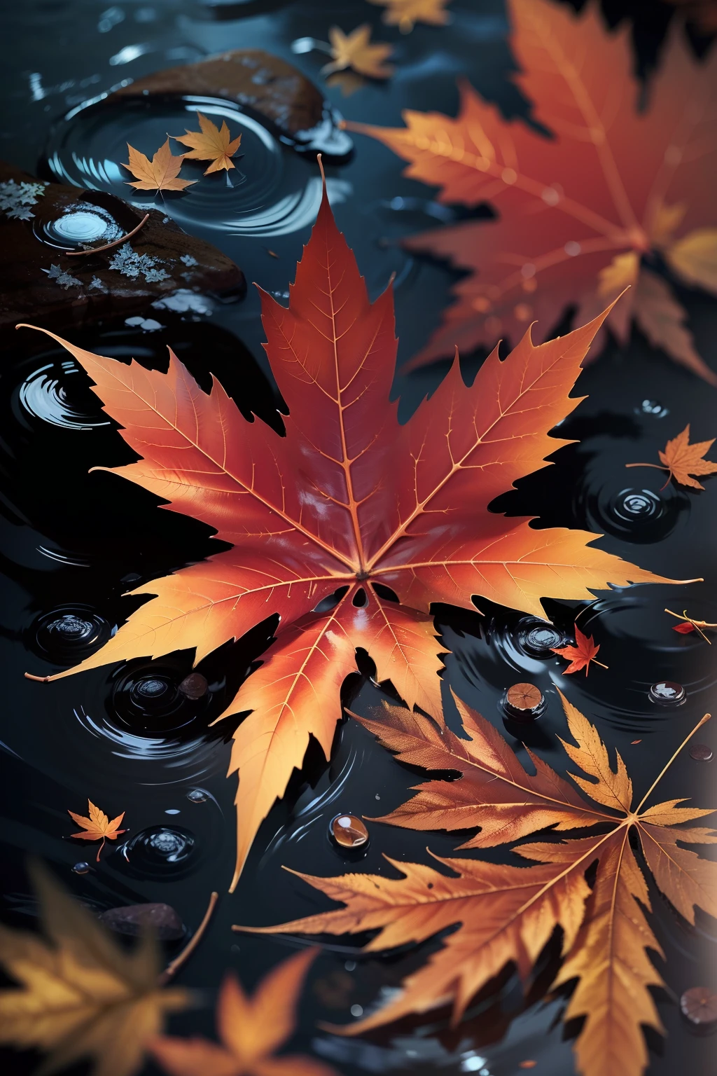 By the creek，Maple leaves fall into the water，Close-up of a leaf，Realistic effects，high-definition photography