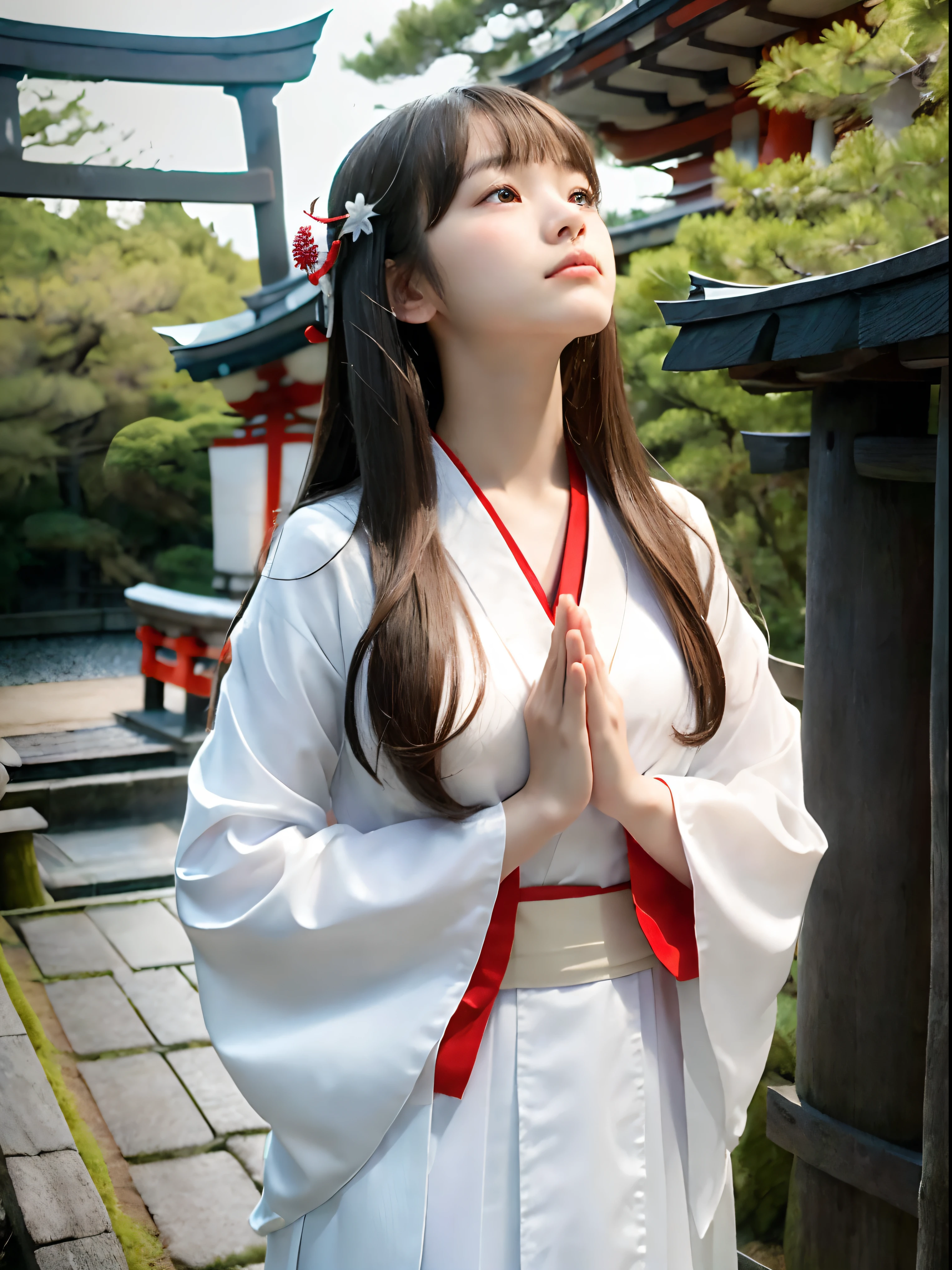 (One girl with slender small breasts and long hair with dull bangs in Japanese shrine maiden clothes:1.5)、(Girl looking up at the sky with join hands:1.5)、(Beautiful detailed sky :1.3)(Perfect Anatomy:1.3)、(No mask:1.3)、(complete fingers:1.3)、Photorealsitic、Raw photography、masutepiece、top-quality、hight resolution、delicate and pretty、face perfect、Beautiful detailed eyes、Fair skin、Real Human Skin、pores、((thin legs))、(Dark hair)