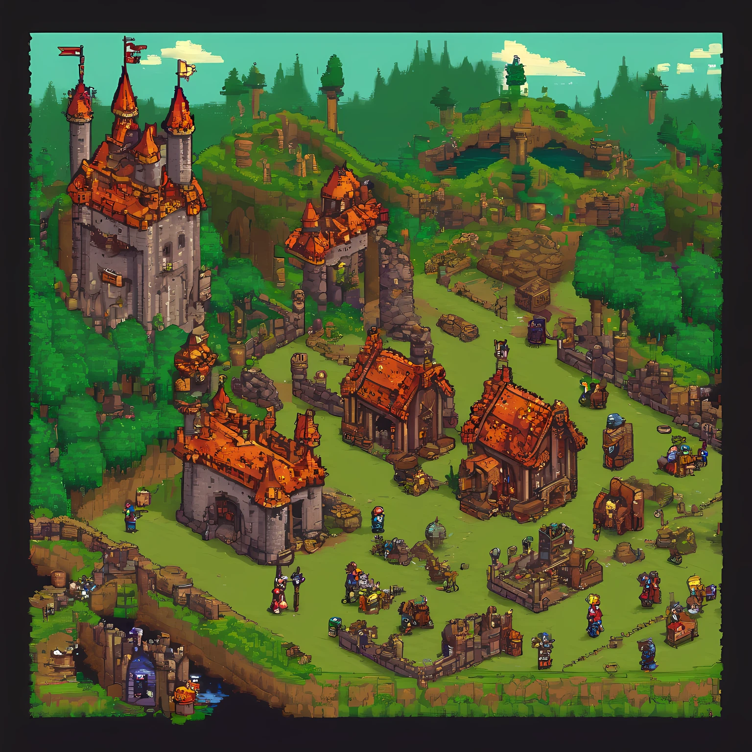 (16bit pixel game:1.3), (16bit pixel game scene:1.3), (pixel art:1.3), (dot picture:1.3), (dot pixel art:1.3), (pixel graphics:1.3), (16bit pixel art;1.3), (16bit pixel style age of empire II:1.3), (retro game:1.3), (retro game scene:1.3), (retro PC game:1.3), medieval countries war gage, real time strategy game, European country army, castle, village, bow army, war game, England vs France, Knight horse army, game UI, dragon quest, final fantasy, super mario, zelda,