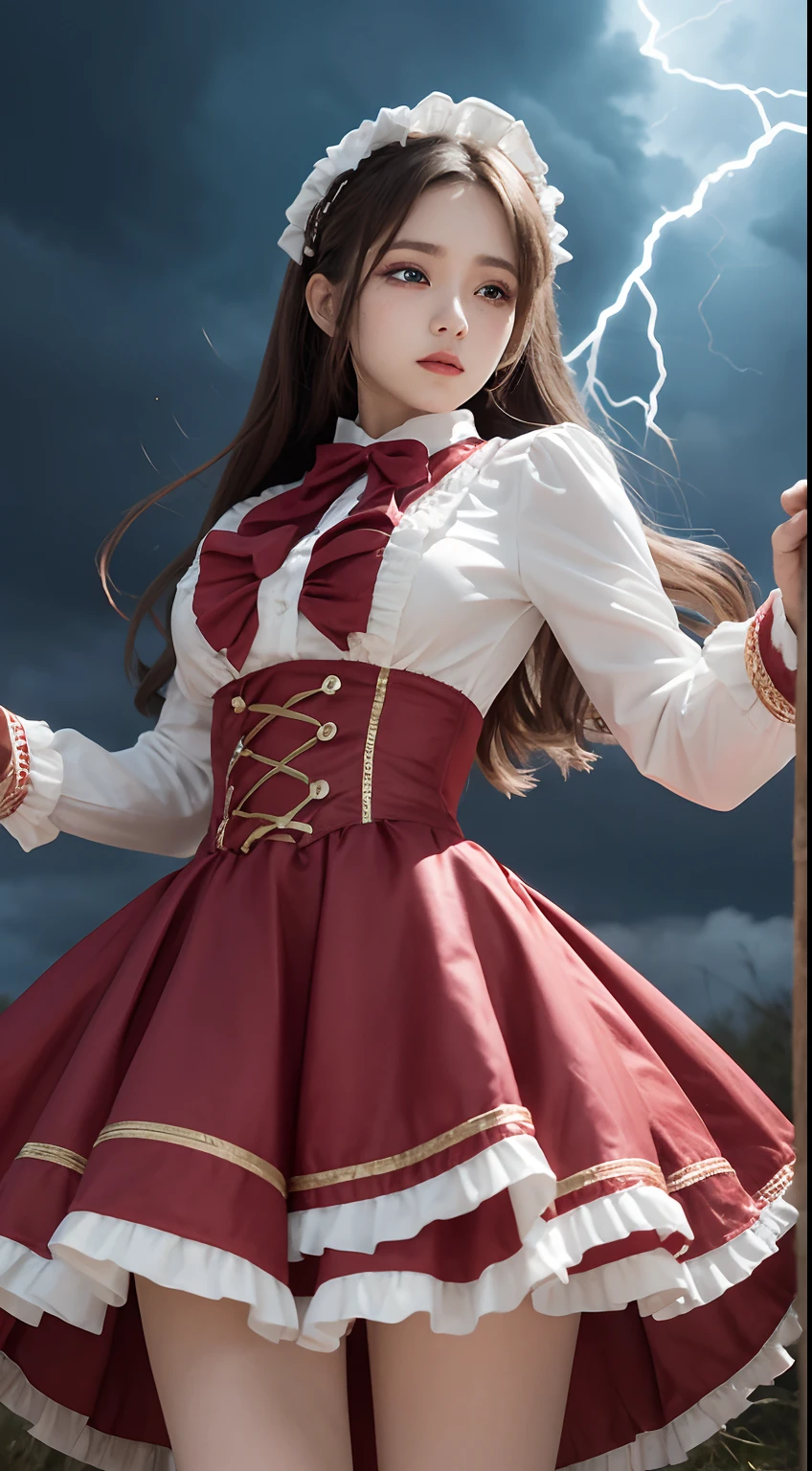 On the battlefield of the storm, A woman dressed in a ta costume wields a weapon infused with the power of the fire element.( Lightning danced beside her), Echoing the strength of her determination,Because she embodies the power of the forces of nature in battle.offcial art, 8k wallpaper, Ultra detailed, Beautiful and aesthetic, Beautiful, Masterpiece, Best quality,(Focus on thighs up),Clear face,Eyes detailed,(Wind,Fluttering strands of hair,Flowing skirt),