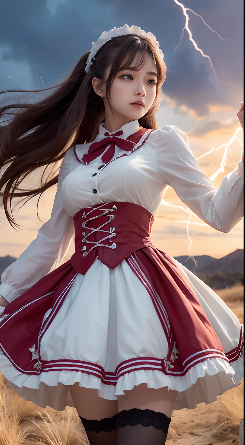 On the battlefield of the storm, A woman dressed in a Lolita costume wields a weapon infused with the power of the fire element.( Lightning danced beside her), Echoing the strength of her determination，Because she embodies the power of the forces of nature in battle.offcial art, 8k wallpaper, Ultra detailed, Beautiful and aesthetic, Beautiful, Masterpiece, Best quality，(Focus on thighs up)，Clear face，Eyes detailed，(Wind，Fluttering strands of hair，Flowing skirt)，
