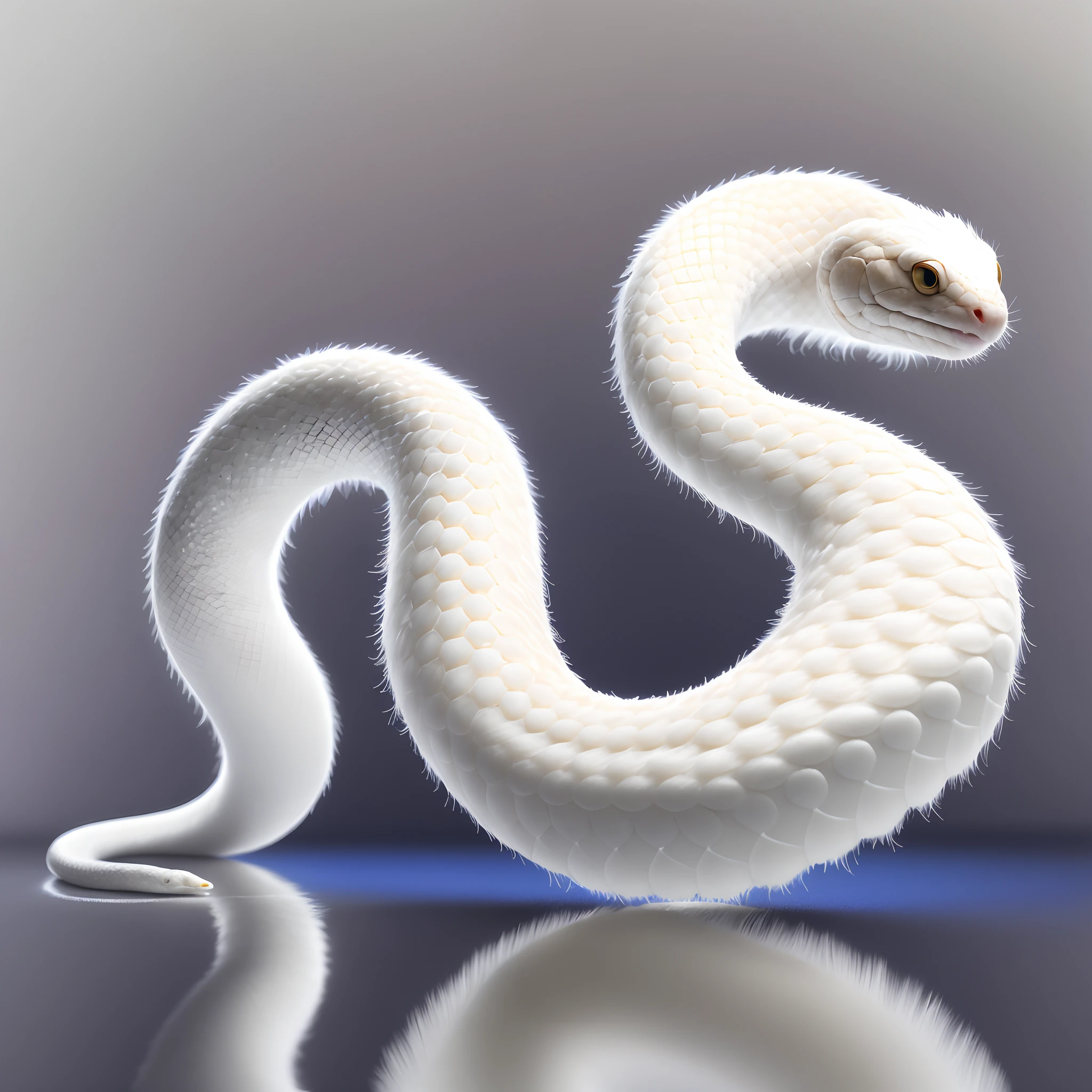 White snake with fluffy white fur、Fluffy white snake、Furry white snake、Solo Serpent、Photo of a white snake with very delicate and fine white hairs covering the whole body、Snakes with white fur that is very accurate to the whole body、masterpiece、Highest quality images、Best Rendering、Mixed animals、The hair of the whole body is a mixture of thick and fine hairs.、Receiving the Sunshine、Each hair shimmers reflecting sunlight、Snake Sewing Light