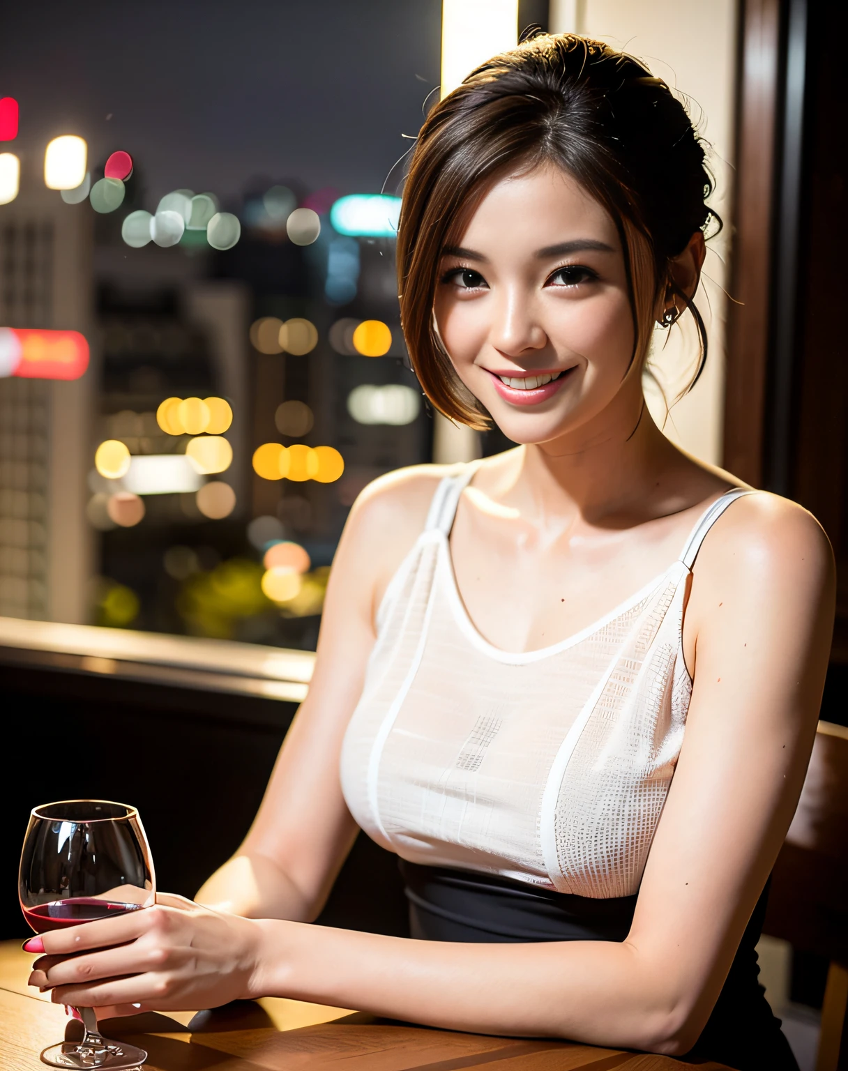 (64K, UHD, top quality, masterpiece: 1.2), (realistic, photorealistic: 1.37), super detailed, pretty woman 1 person, (slim face), (slim body), (brown hair), (short cut), cheeks slightly blushing, (44 years old), 38 years old, solo, beautiful detailed urban night view outside the window, restaurant, wine glasses sit, at night, in a prominent placeNovaFrogStyle, Actress, Model, Waist Up, White Wine, Slim, Wine Glass, Super Clean Night View, Wine Glass Put in the Middle, Happy Smile, (Smile: 1.15), Beautiful Fine Eyes, Upper Body, Bust Japan Up, Night, Short, Short, Actress, Model, Waist Up, White Wine, Slim, Wine Glass, Super Clean Night View, Wine Glass Put in the Middle, Happy Smile,