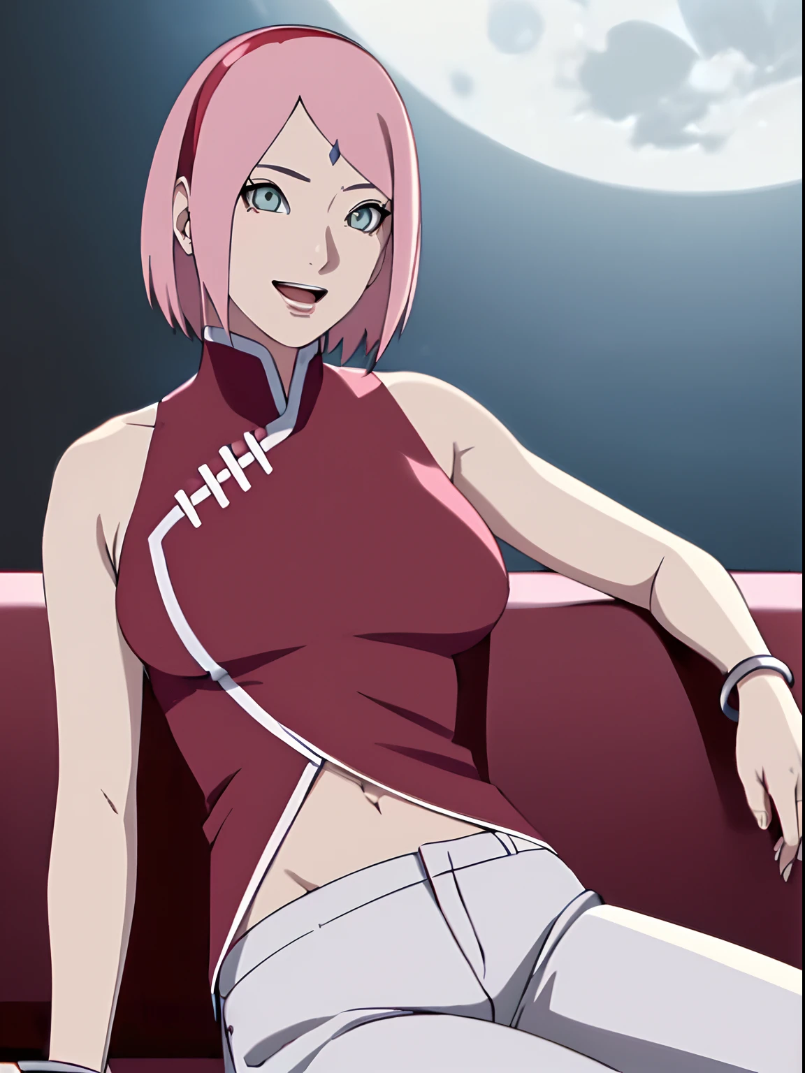 masterpiece, 4k, portrait, cowboy shot, (night, moon background), professional artwork, intricate details, colorful, digital blending, (ultra detailed body, ultra detail hair, ultra detail face), trending on pixiv, kind smile, best quality, anime style: 1.9, 1girl, hires, haruno sakura, (forehead mark, milf, red hairband, pale skin, (small breasts), short hair, ((red sleeveless dress,), white pants), (navel, belly button, slender body, slender belly, bracelet, pink hair, (open mouth), big eyes), smile, beach, wind, floating hair, detailed arms, off-shoulders, broad shoulders, (little muscular arms, little strong biceps), armpit on couch, rips, , fancy couch, relaxing, (hand leaning on couch, laying, talking, looking at the viewer, (talking while showing armpits, milf))