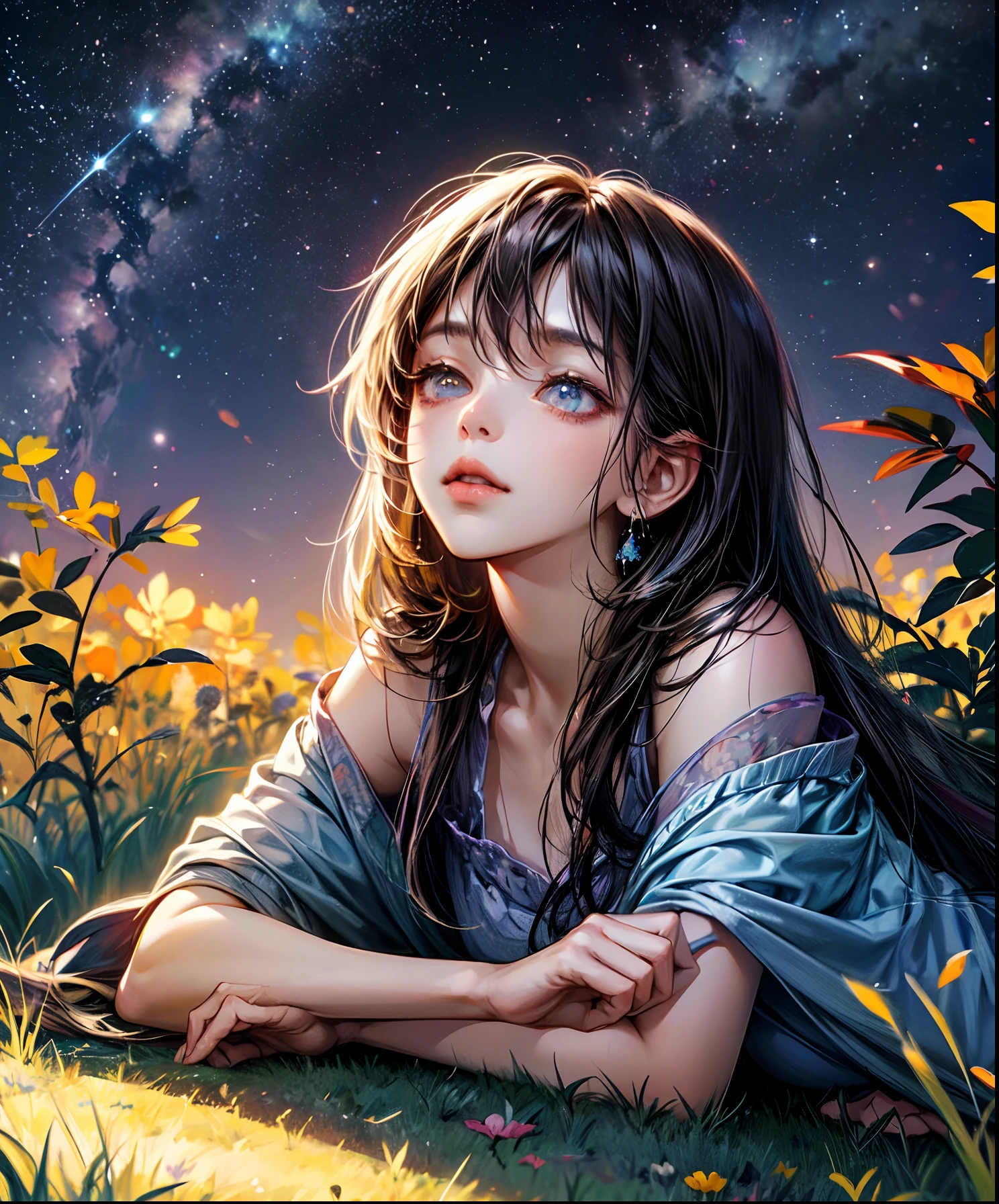 Describe a scene where a cute girl character is lying on a grassy hill, Looking up at the starry sky. Surround her with colorful nebulae and her favorite constellations.