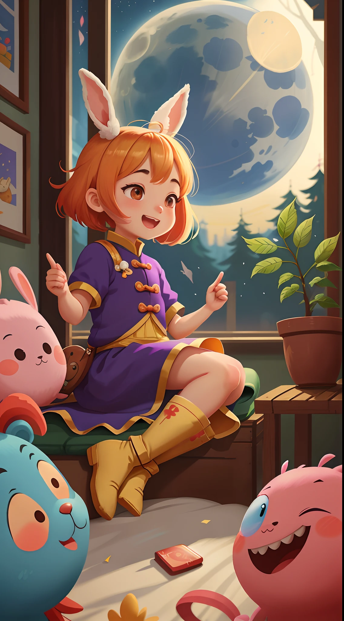 Mid-Autumn Festival scene,Li Bai looked up at the moon through the window in the house,The rabbit lay on the side of the bed,There is Kong Ming in the sky,Childrenswear outfit,The picture is simple,cheerfulness,Rejoice,(Bokeh) (8K) (Sharp focus),(having fun),Mobile game art, Game illustration, Mobile game assets, mobile game style, Stylized game art, Mobile game background, 2D mask illustration, 2 d illustration, 2D illustration, flatillustration, 8 K cartoon illustration, mobile game, Official illustration