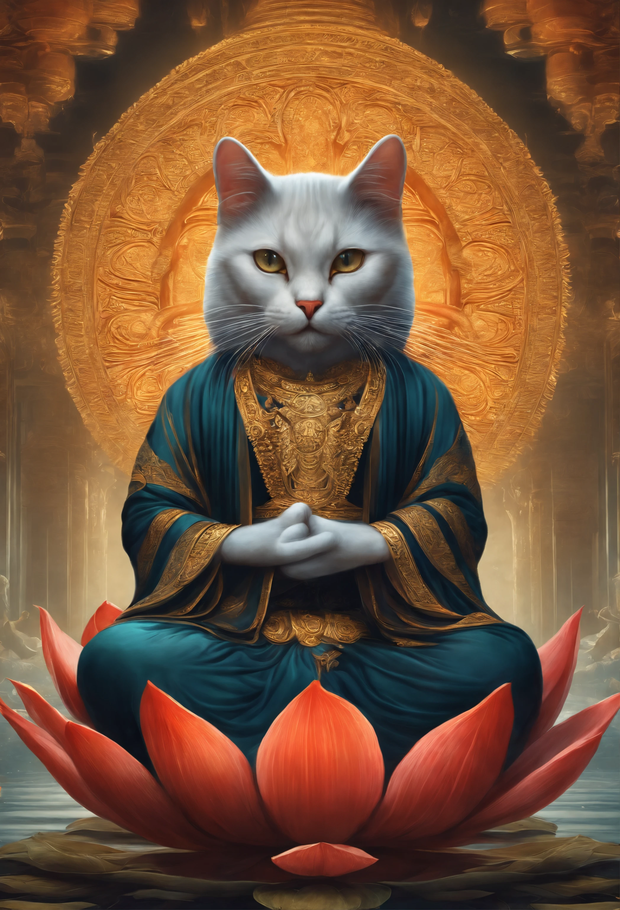 (god of cats),There is a cat sitting in a lotus-like posture, vajra,Big buddha、4K highly detailed digital art, 4k detailed digital art, Alex Greycat, beautiful art uhd 4 k, cat detailed, by Yang J, jen bartel, dan mcpharlin : : ornate, symmetrical spectacular fantasy art, cute detailed digital art