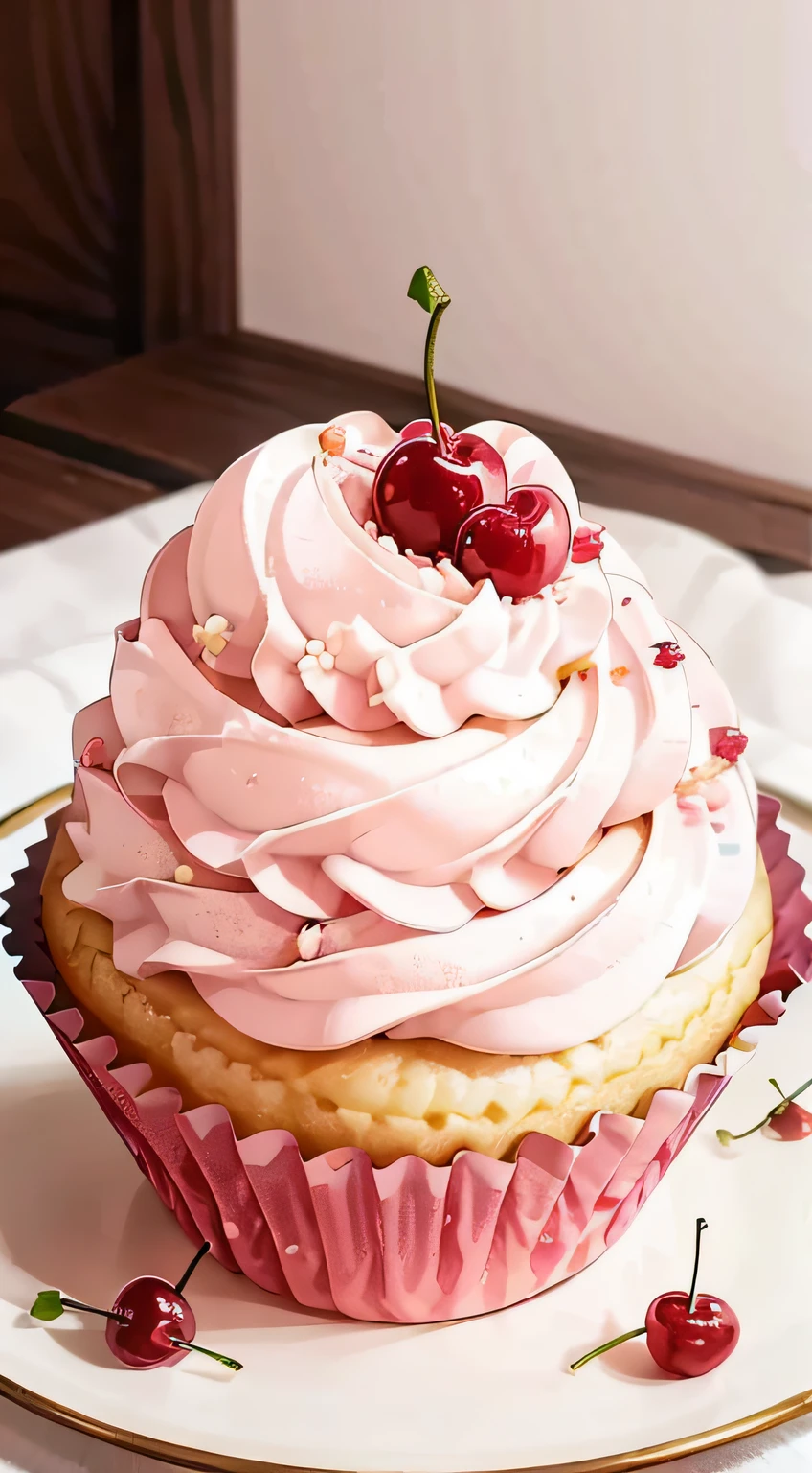 masutepiece, High quality, Best Quality, Pink cream, cupcake, Cherries, food photography, mouth-watering, Americans