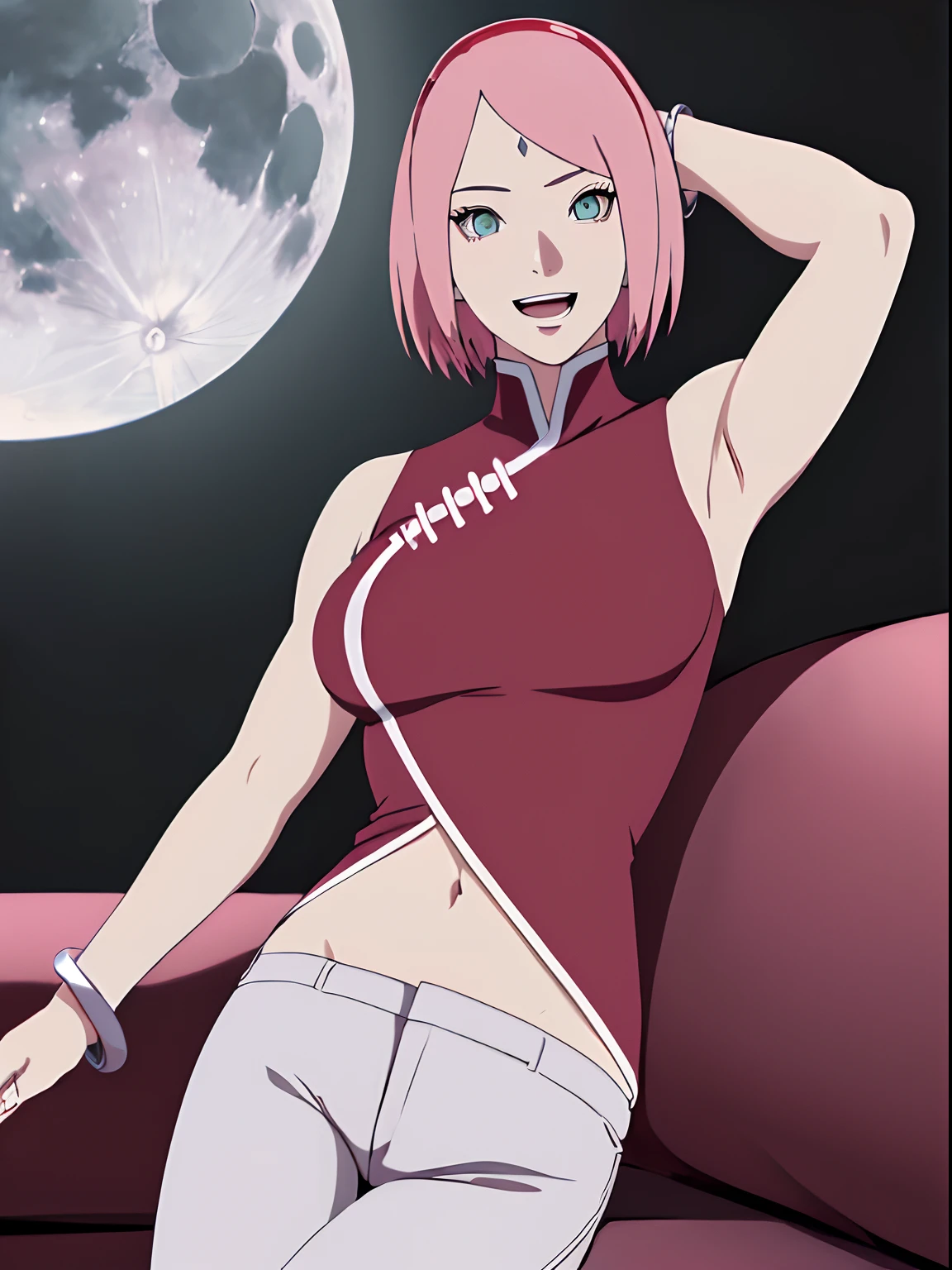 masterpiece, 4k, portrait, cowboy shot, (night, moon background), professional artwork, intricate details, colorful, digital blending, (ultra detailed body, ultra detail hair, ultra detail face), trending on pixiv, kind smile, best quality, anime style: 1.9, 1girl, hires, haruno sakura, (forehead mark, milf, red hairband, pale skin, (small breasts), short hair, ((red sleeveless dress,), white pants), (navel, belly button, slender body, slender belly, bracelet, pink hair, (open mouth), big eyes), smile, beach, wind, floating hair, detailed arms, off-shoulders, broad shoulders, (little muscular arms, little strong biceps), fancy couch, relaxing, (armpit leaning against couch, laying, talking, looking at the viewer, (talking , milf, 30 years old woman, hand supporting head))