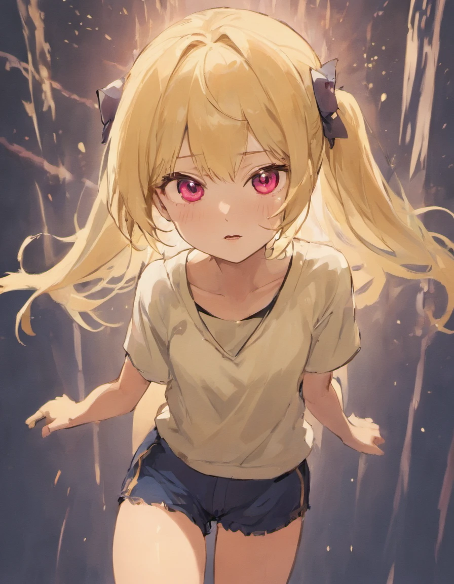 girl1,individual,1人,a blond,Long,Wine red eyes,ren,Beautiful fece,femele,Plain T-shirt,Dark blue shorts,