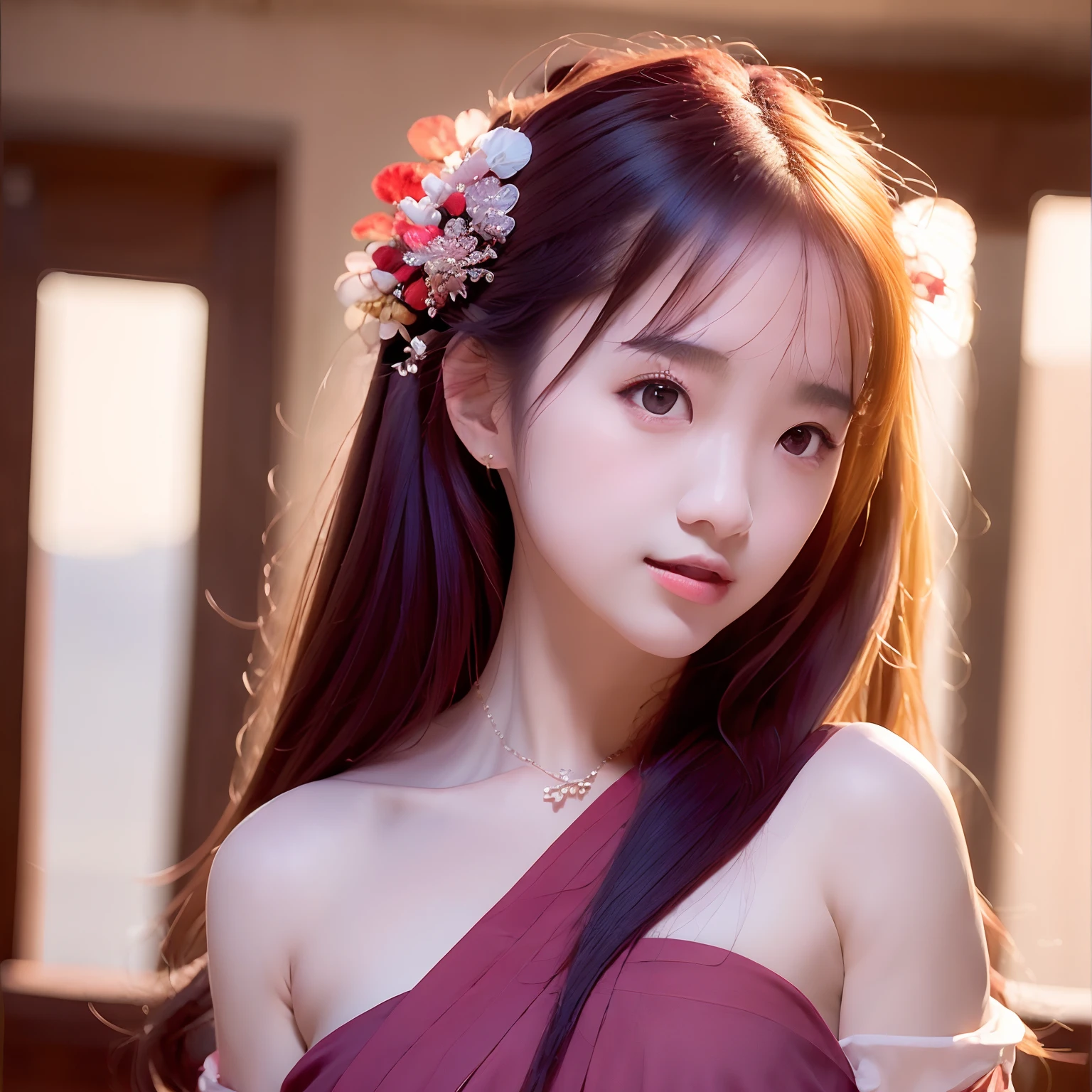 Best Quality, masutepiece, hight resolution, 1girl in, china hanfu,Background of Chinese Architect, red scarf, Hair Ornament,Necklace, Jewelry,Beautiful face,Inserting a into the_Body, Tindall Effect,Photorealistic, Dark Studio, Rim lighting, two tone lighting,(High detailed skin:1.2), 8K UHD, Digital SLR, Soft lighting, High quality, Volumetric lighting, Candid, photograph, High resolution, 4K, 8K, Bokeh,Red Dress Girl