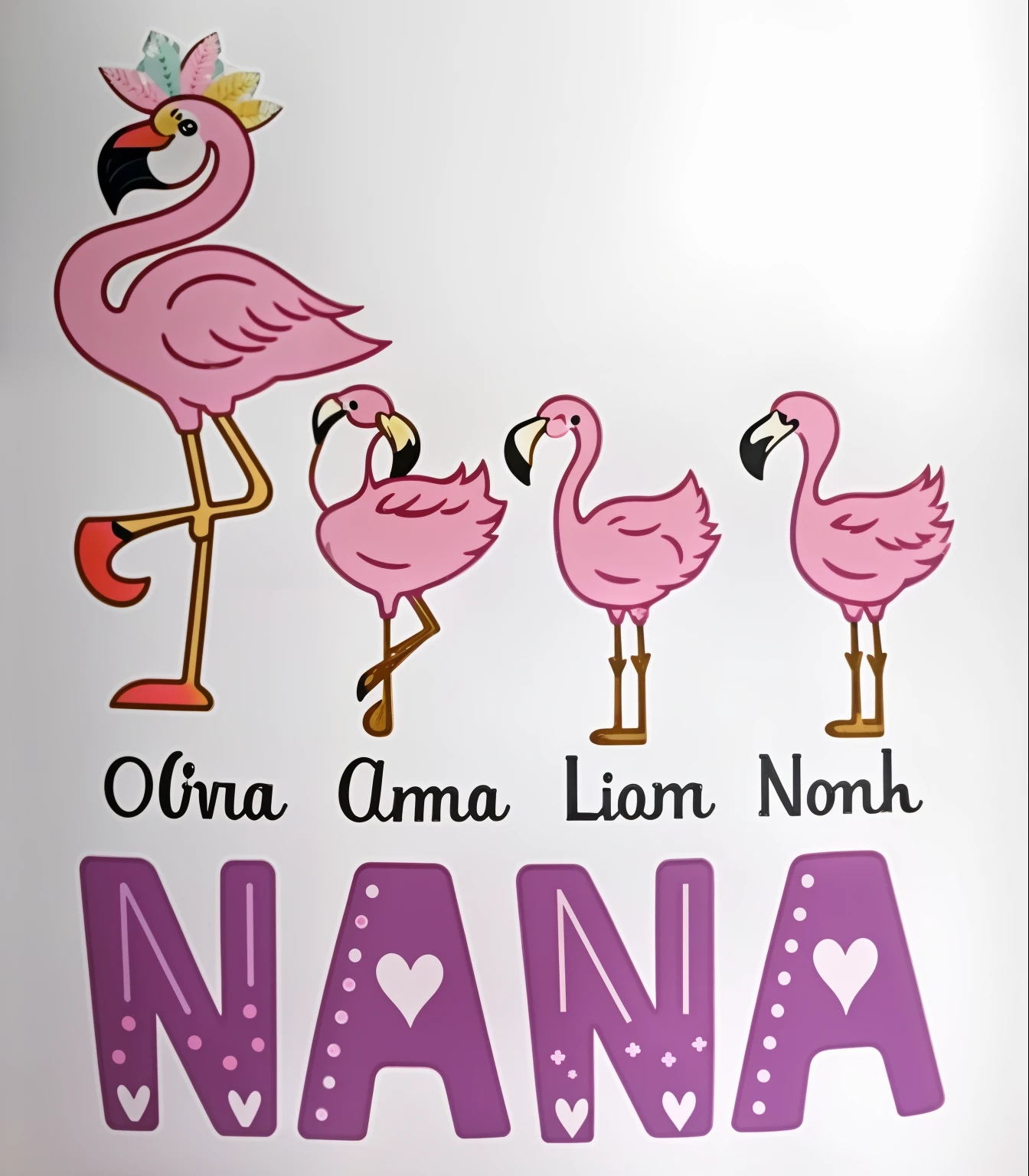 there are three flamingos standing in a row on a white mug, grandma, funny, with names, flamingos, hilarious, flamingo, fashionable, amusing, flamingoes, vanara, really funny, family photo, diva, very funny, lol, cool, insane, adorable design, never seen before, by Edna Mann, mania, water bottle queen, yah