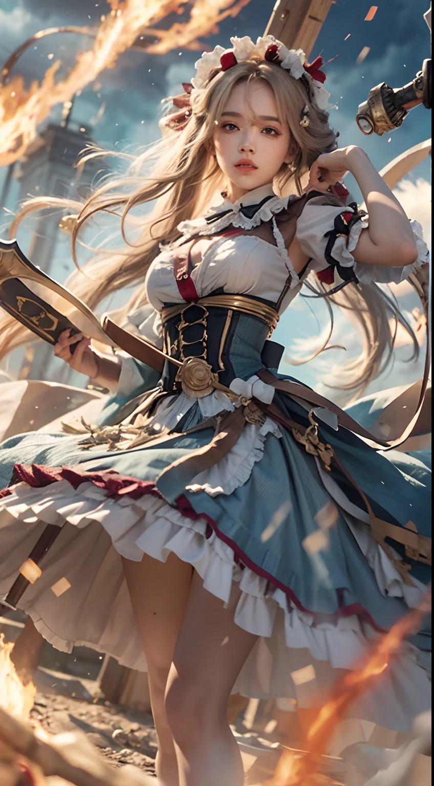 On the battlefield of the storm, A woman dressed in a Lolita costume wields a weapon infused with the power of the fire element.( Lightning danced beside her), Echoing the strength of her determination,Because she embodies the power of the forces of nature in battle.offcial art, 8k wallpaper, Ultra detailed, Beautiful and aesthetic, Beautiful, Masterpiece, Best quality,(Focus on thighs up),Clear face,Eyes detailed,(Wind,Fluttering strands of hair,Flowing skirt),