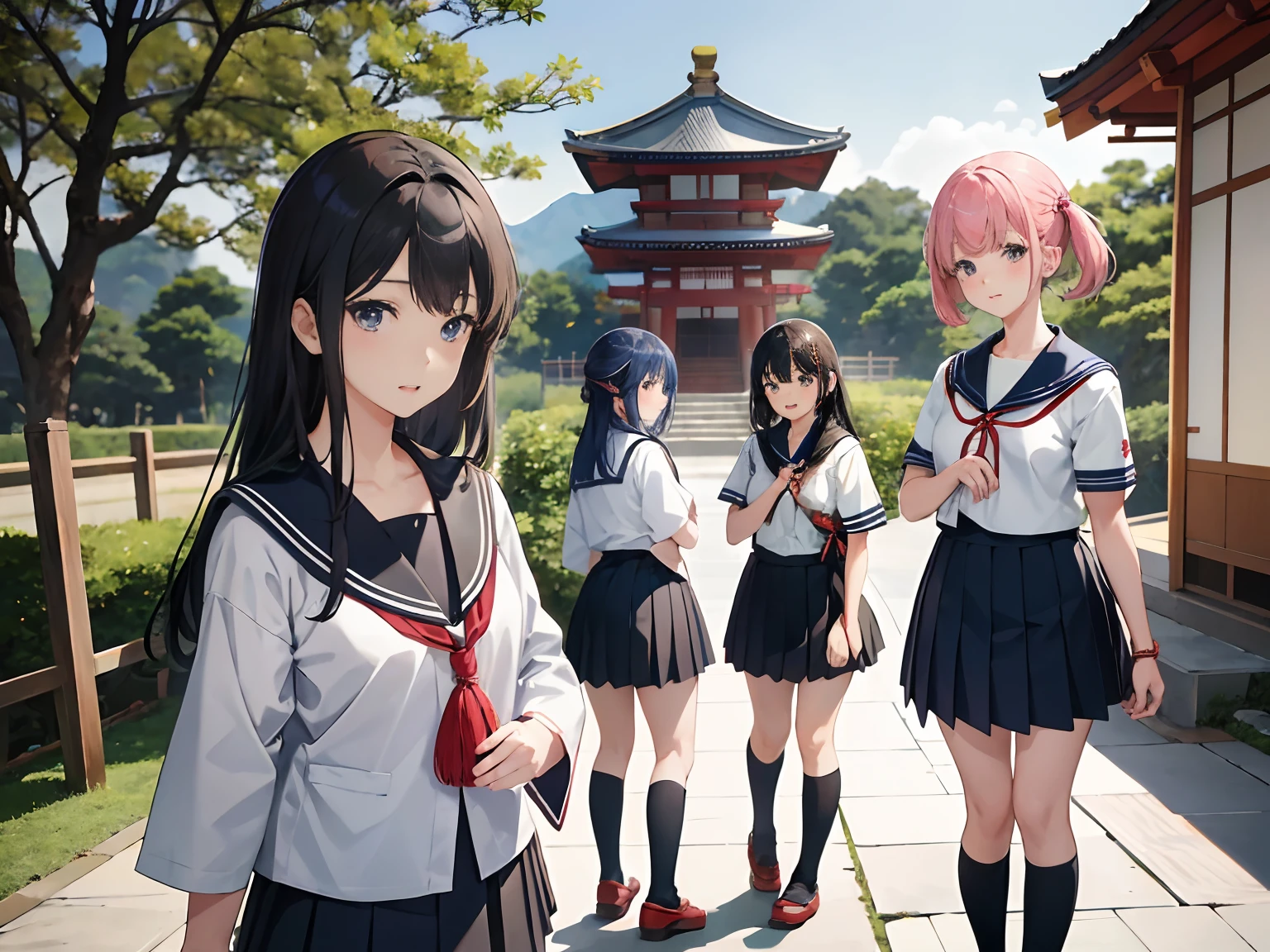 Several girls in uniform are standing in a building, wearing japanese school uniform, Japan school uniform, japanese high school, japanese girl school uniform, Seifuku, two japanese schoolgirls posing, in a temple, inspired by Matsumura Goshun, wearing a haori, by Takeharu Matsumura, In front of the temple, near a japanese shrine